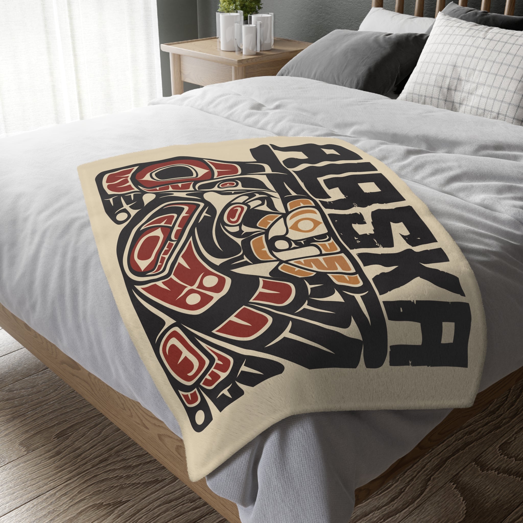Reversible Plush Blanket - Rustic Alaska Tribal Raven - AK State Line™ Collection