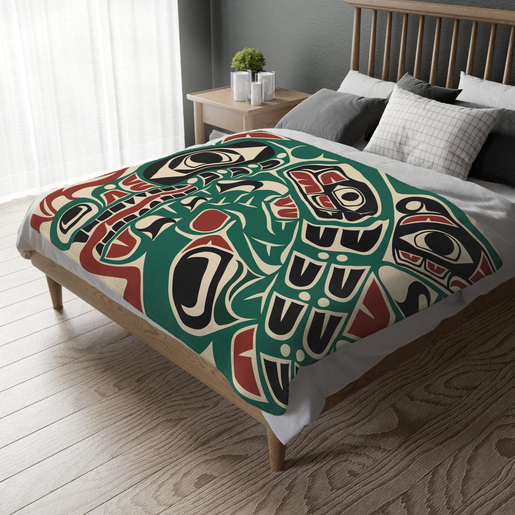 Reversible Coral Fleece Blanket | Classic Tribal Sea Monster | Northern Spiritlines™ Signature