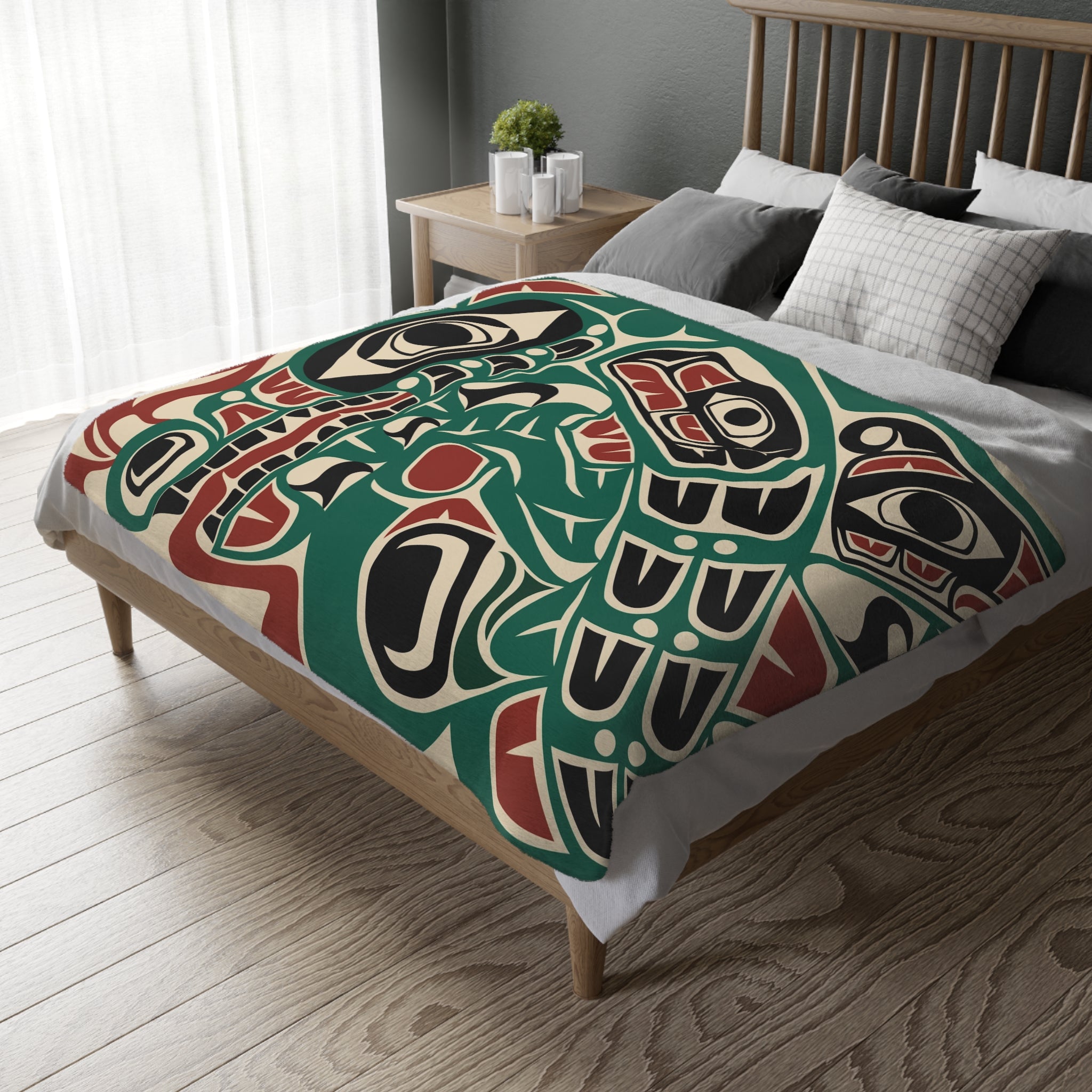 Reversible Coral Fleece Blanket | Classic Tribal Sea Monster | Northern Spiritlines™ Signature