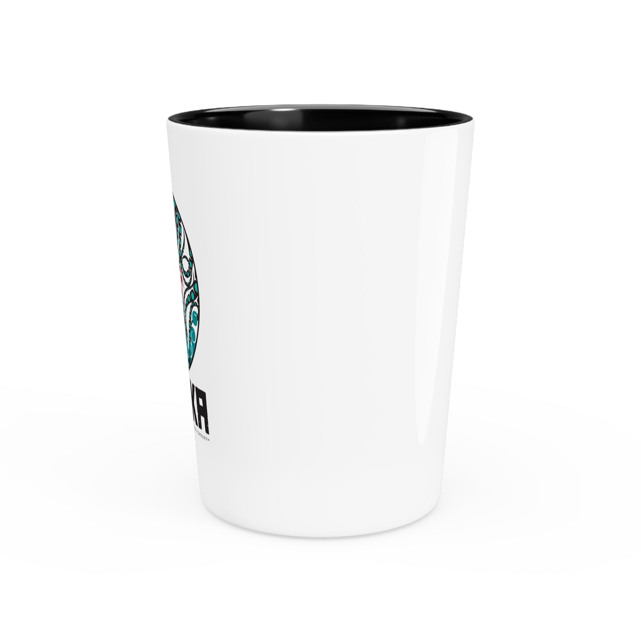 Ceramic Shot Glass - White/Black Interior - Rustic Alaska Tribal Octopus - AK State Line™ Collection
