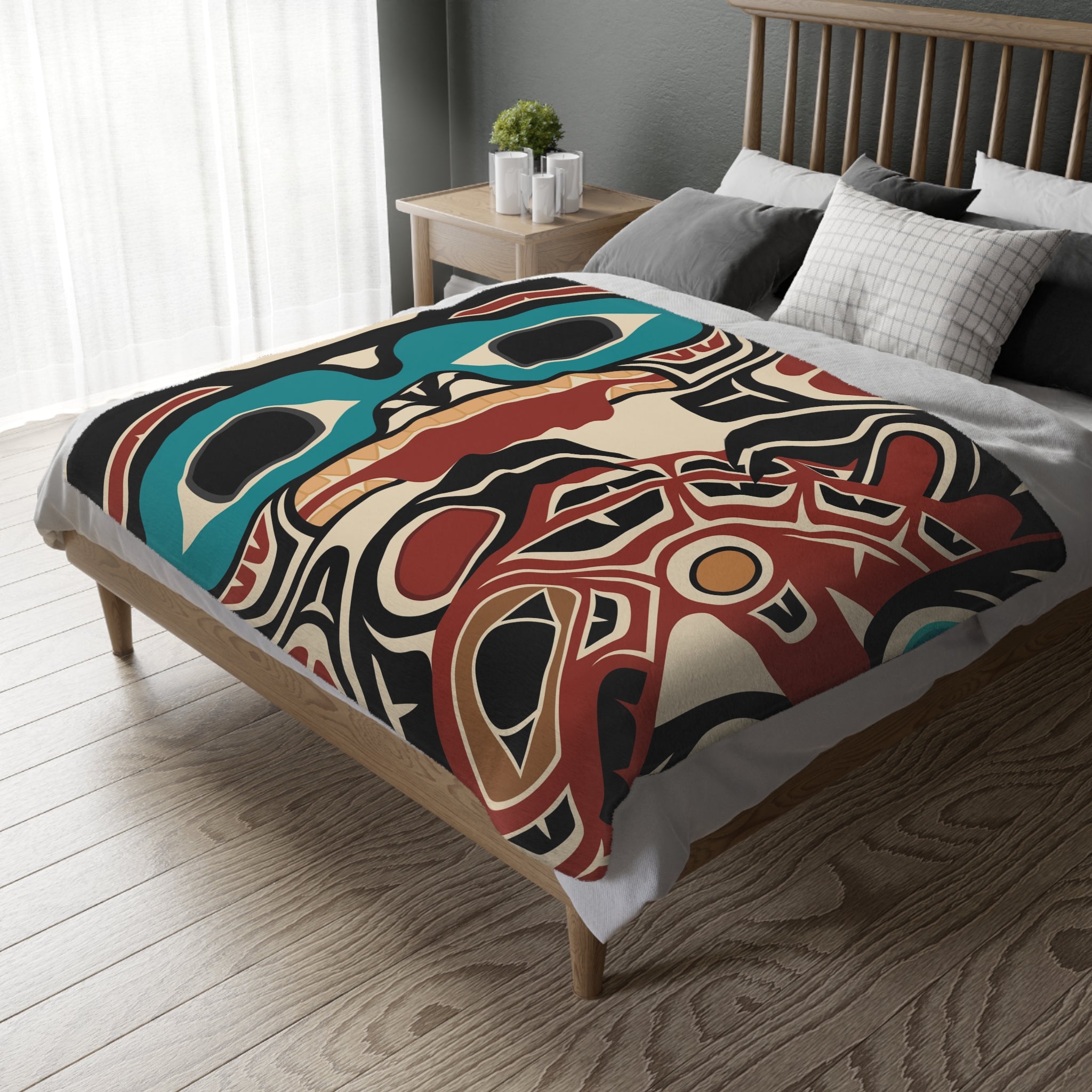 Reversible Coral Fleece Blanket | Classic Tribal Bear & Salmon | Northern Spiritlines™ Signature