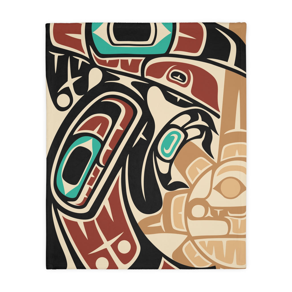 Reversible Coral Fleece Blanket | Tribal Raven & Sun | Northern Spiritlines™ Signature