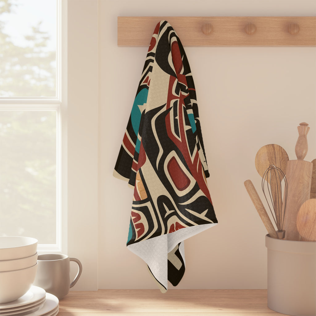 Tea Towel | 18x30" Waffle Weave | Alaska Tribal Bear & Salmon | Stateline™ Collection