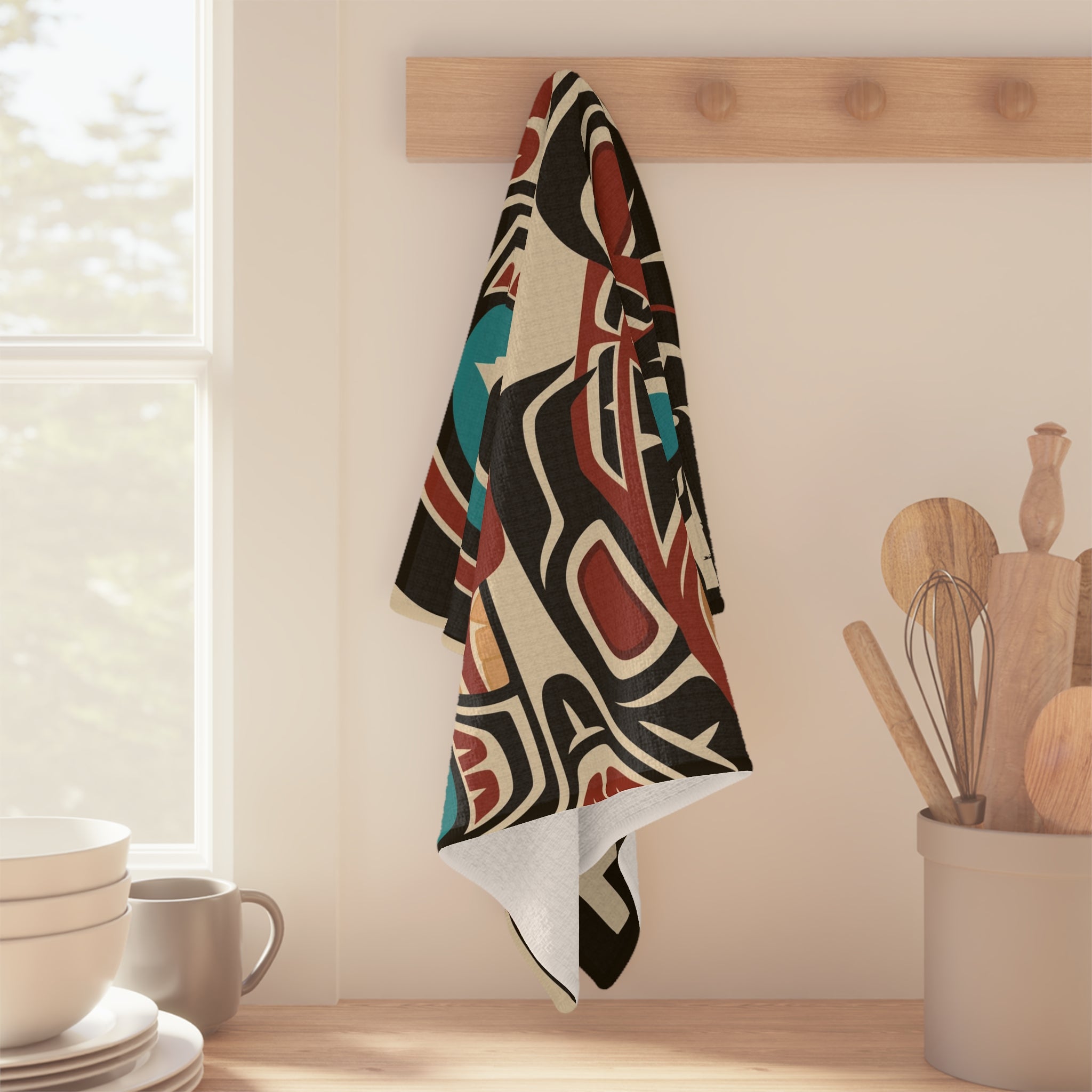 Tea Towel | 18x30" Waffle Weave | Alaska Tribal Bear & Salmon | Stateline™ Collection