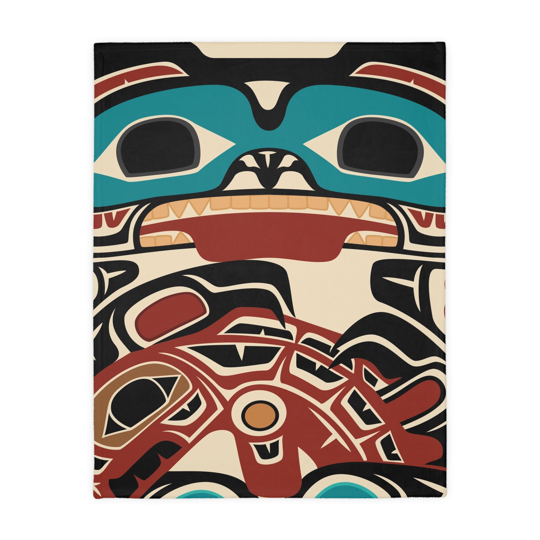 Reversible Coral Fleece Blanket | Classic Tribal Bear & Salmon | Northern Spiritlines™ Signature