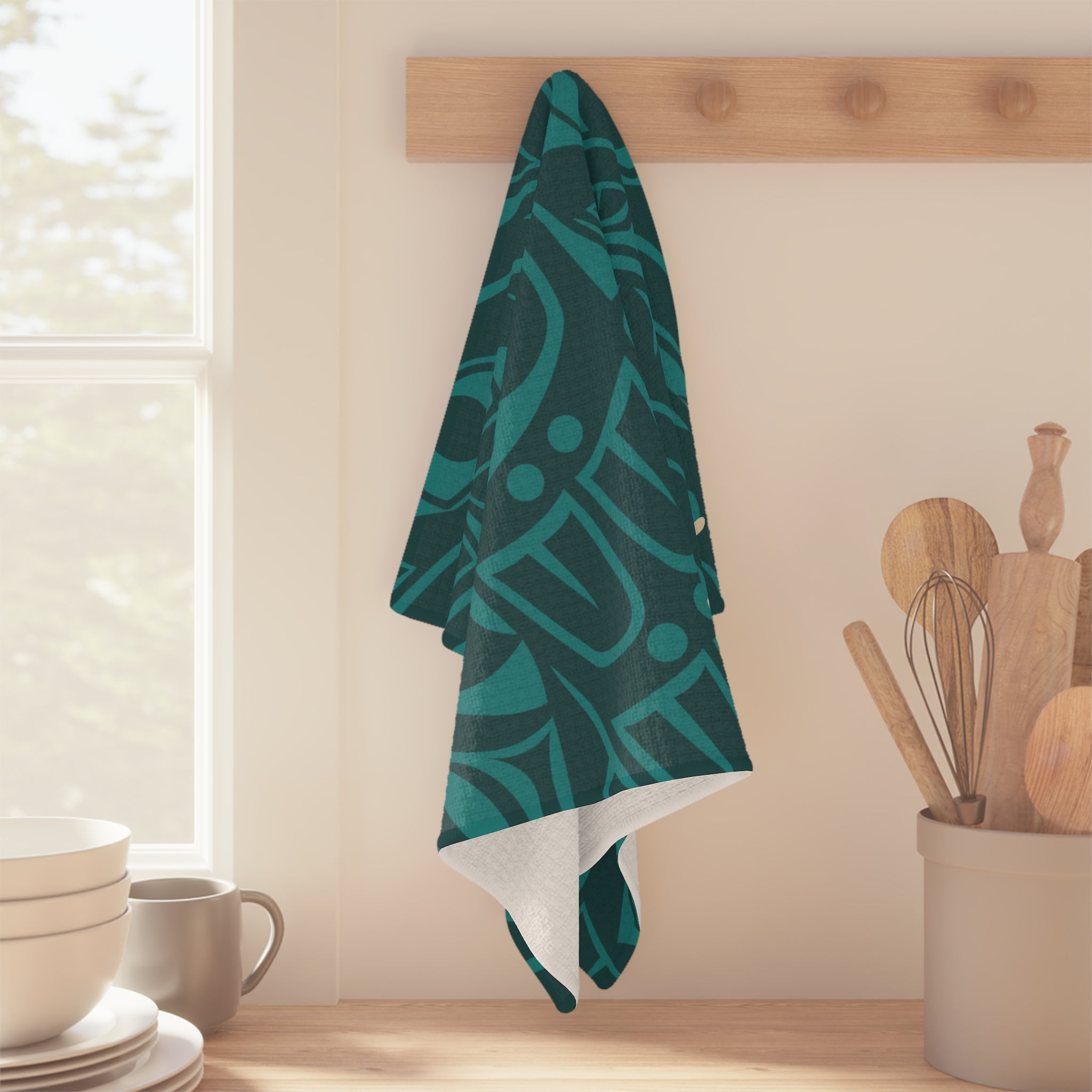 Microfiber Tea Towel - Classic Tribal Print with Alaska (Teal) - AK State Line™ Collection