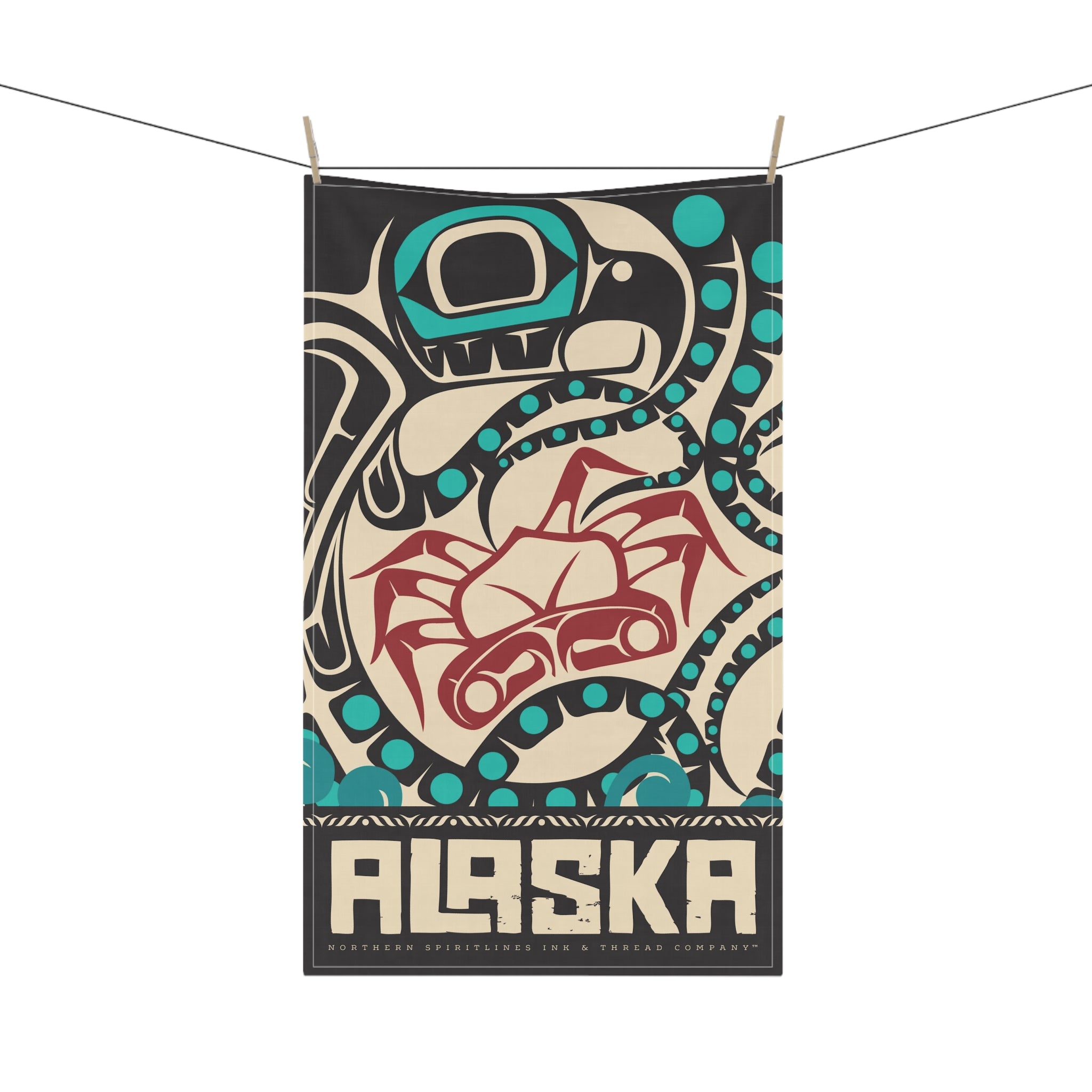 Cotton Twill Tea Towel - Rustic Alaska Tribal Octopus - AK State Line™ Collection
