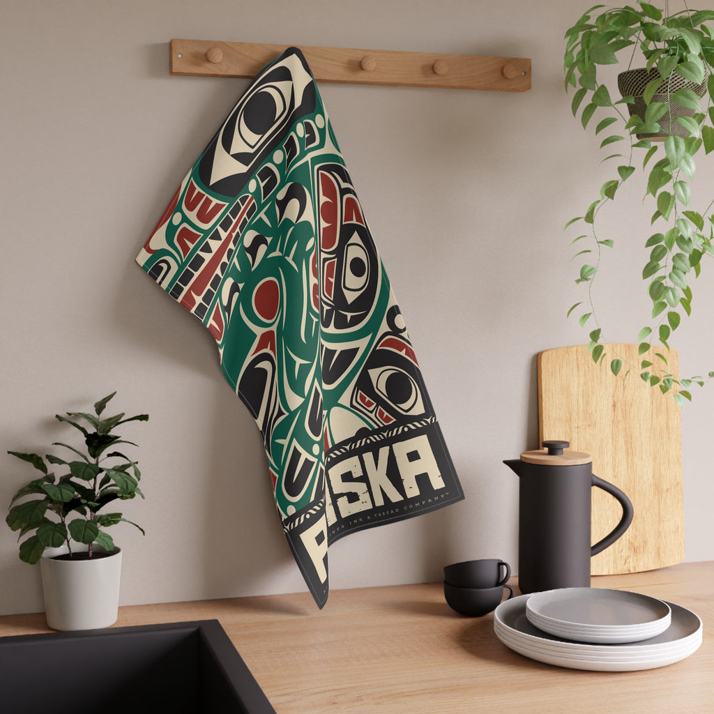 Cotton Twill Tea Towel - Rustic Alaska Tribal Sea Monster - AK State Line™ Collection