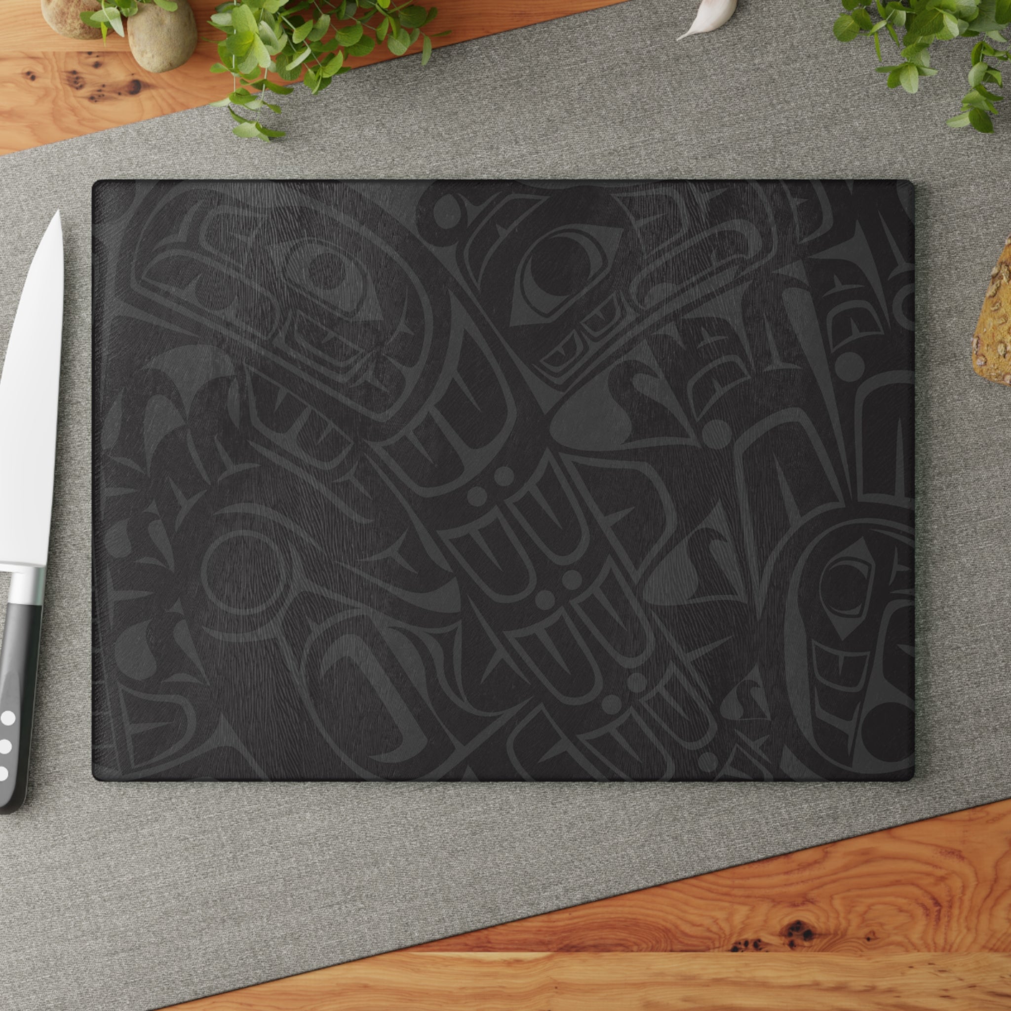 Glass Cutting Board - Classic Tribal Smoky Print - Round Teal Logo - Northern Spiritlines™