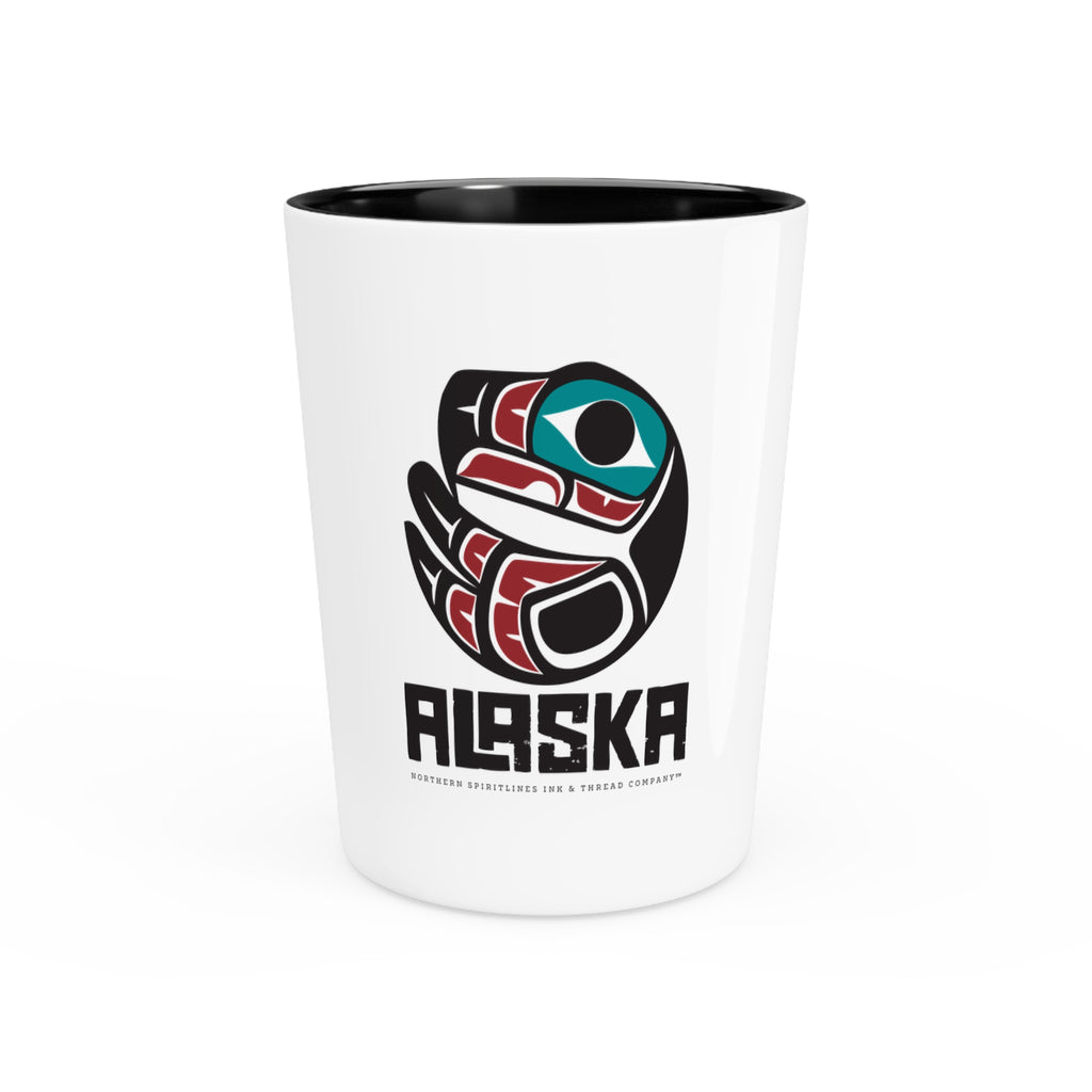 Ceramic Shot Glass - White/Black Interior - Rustic Alaska Tribal Eagle Insignia - AK State Line™ Collection