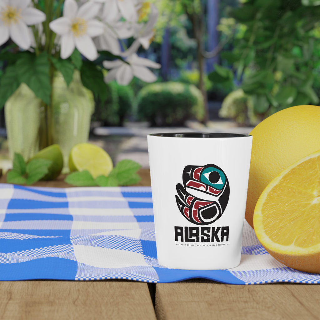 Ceramic Shot Glass - White/Black Interior - Rustic Alaska Tribal Eagle Insignia - AK State Line™ Collection