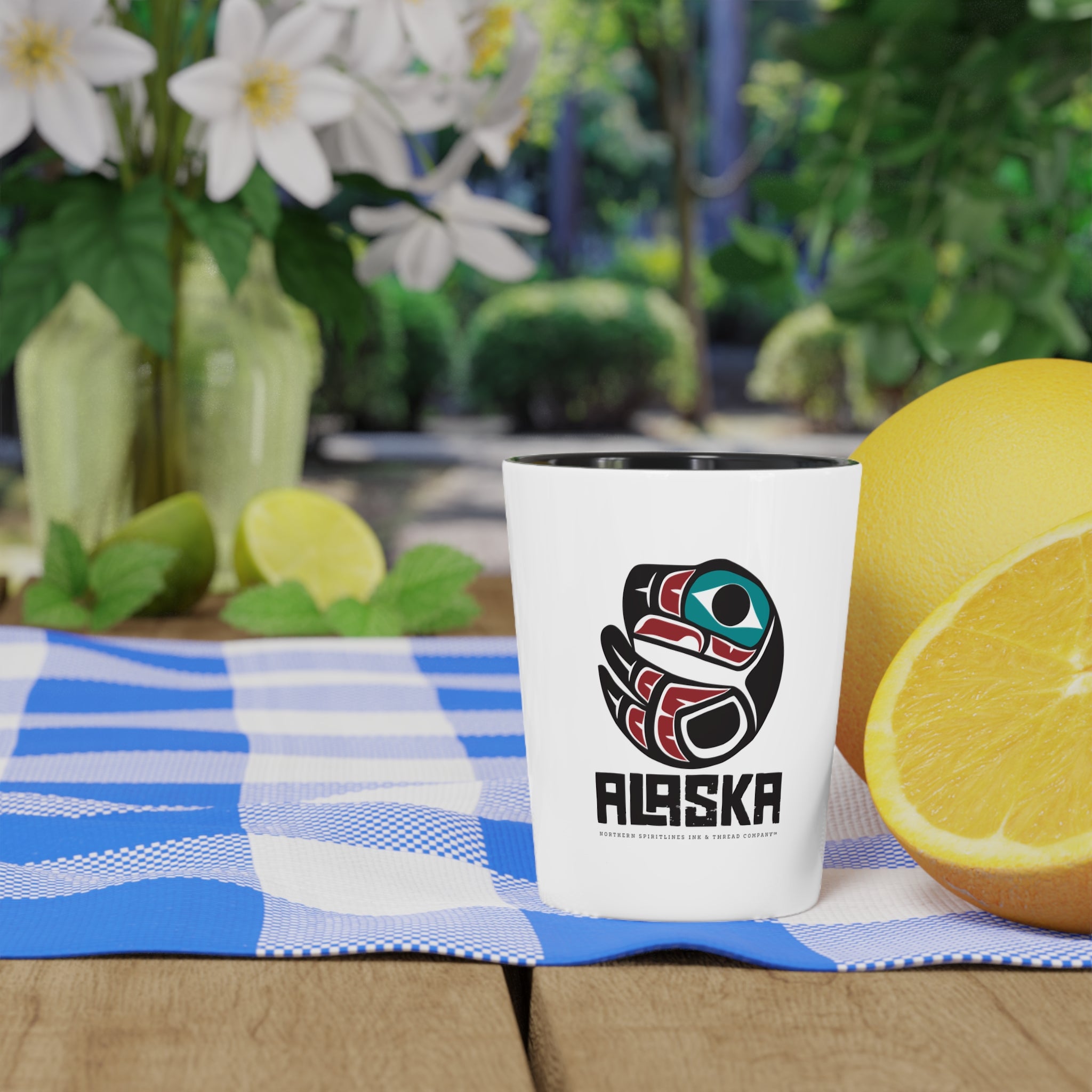 Ceramic Shot Glass - White/Black Interior - Rustic Alaska Tribal Eagle Insignia - AK State Line™ Collection