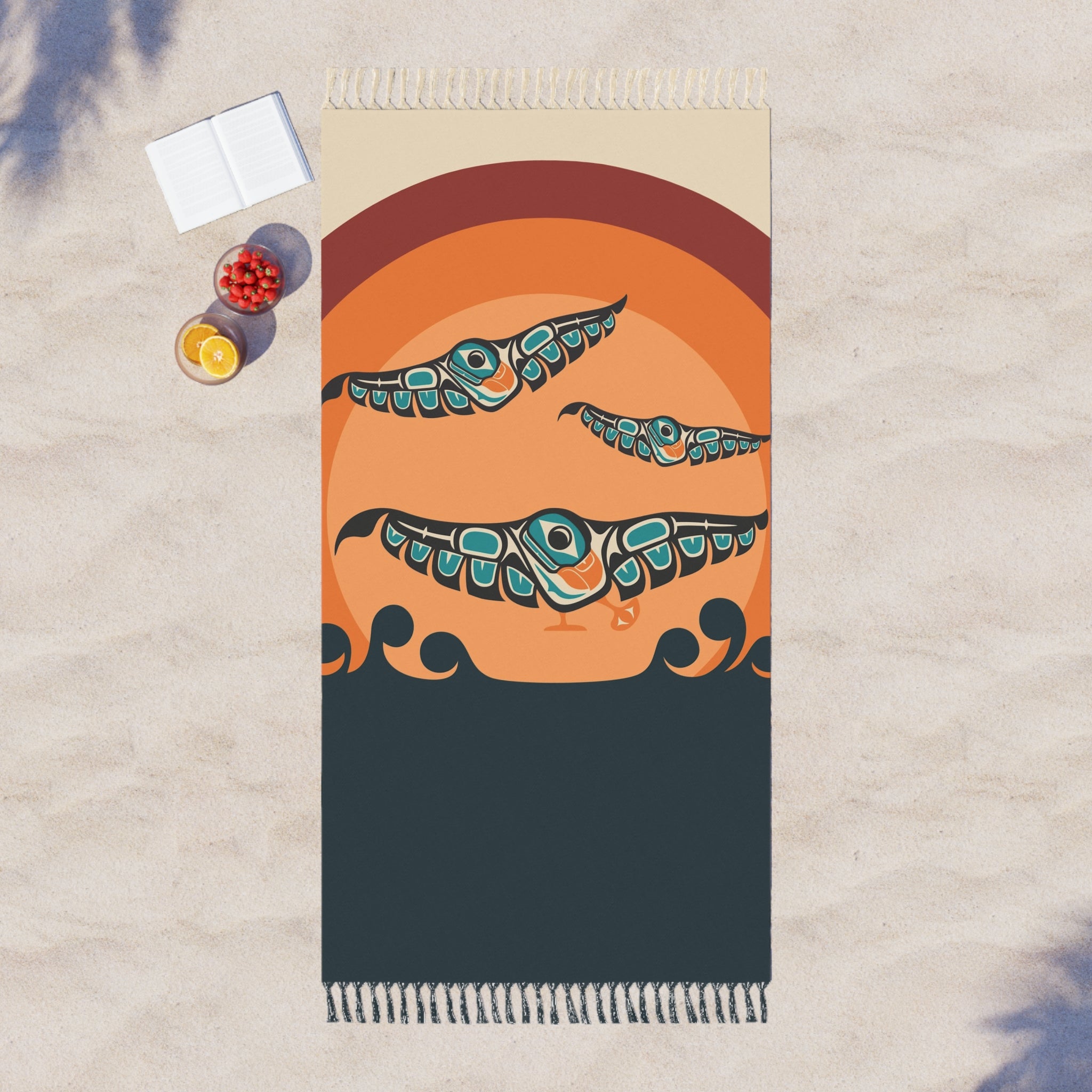 Boho Fringe Beach Cloth - Classic Tribal Puffins - Northern Spiritlines™