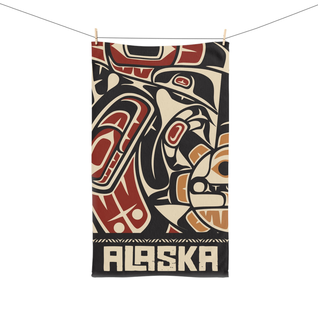 16x28" Polycotton Hand Towel - Rustic Alaska Tribal Raven - AK State Line™ Collection