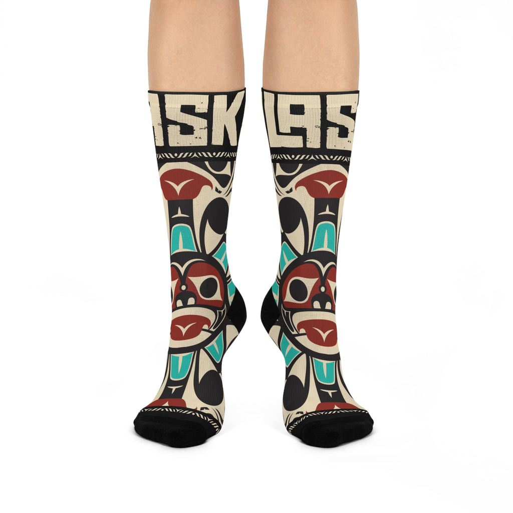Crew Socks - Cushion Bottom - Rustic Alaska Tribal Sun (Teal/Red) - AK State Line™