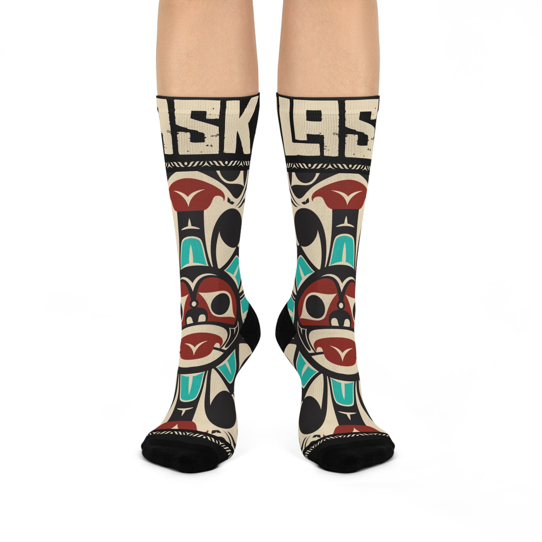 Crew Socks - Cushion Bottom - Rustic Alaska Tribal Sun (Teal/Red) - AK State Line™