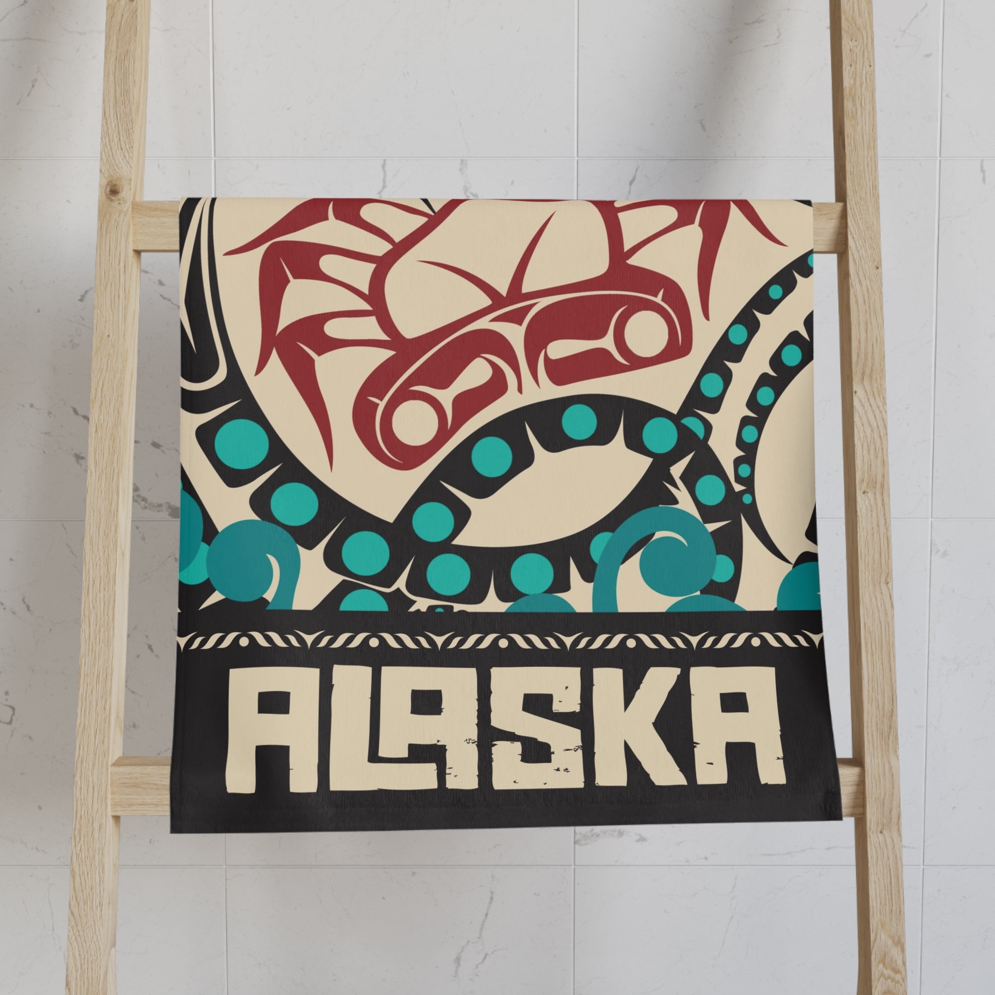 16x28" Polycotton Hand Towel - Rustic Alaska Tribal Octopus - AK State Line™ Collection