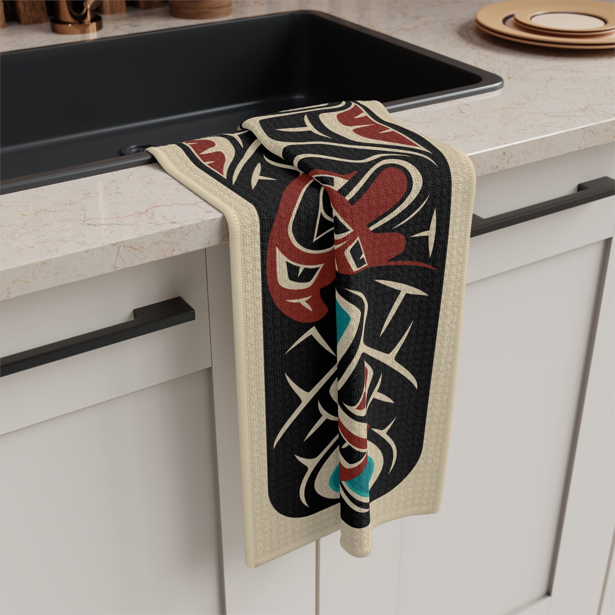 Tea Towel | 18x30" Waffle Weave | Tribal Bear & Salmon | Signature Collection