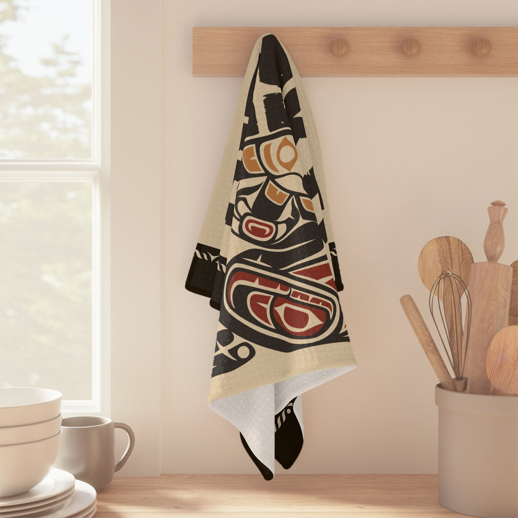 Microfiber Tea Towel - Rustic Alaska Tribal Raven - AK State Line™ Collection
