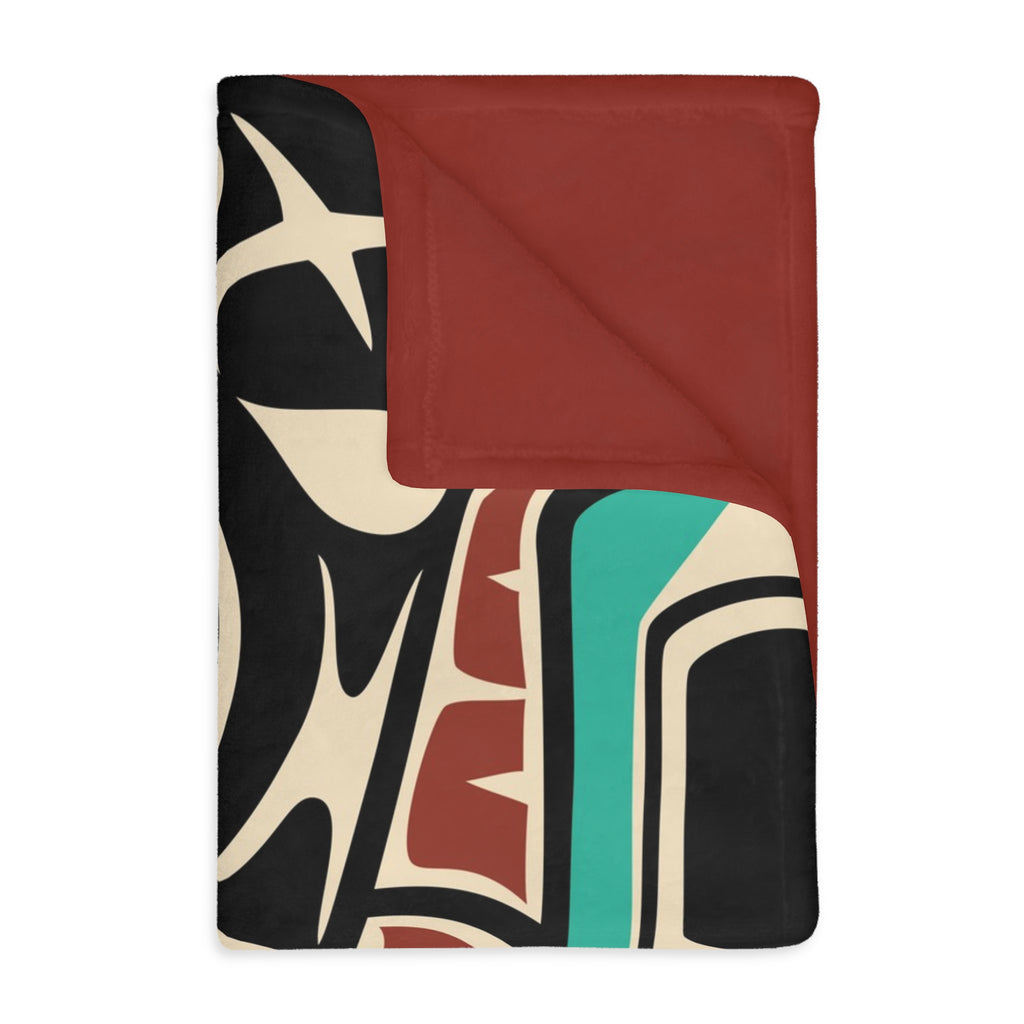 Reversible Coral Fleece Blanket | Tribal Raven & Sun | Northern Spiritlines™ Signature