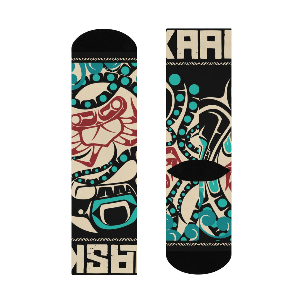 Crew Socks - Cushion Bottom - Rustic Alaska Tribal Octopus - AK State Line™