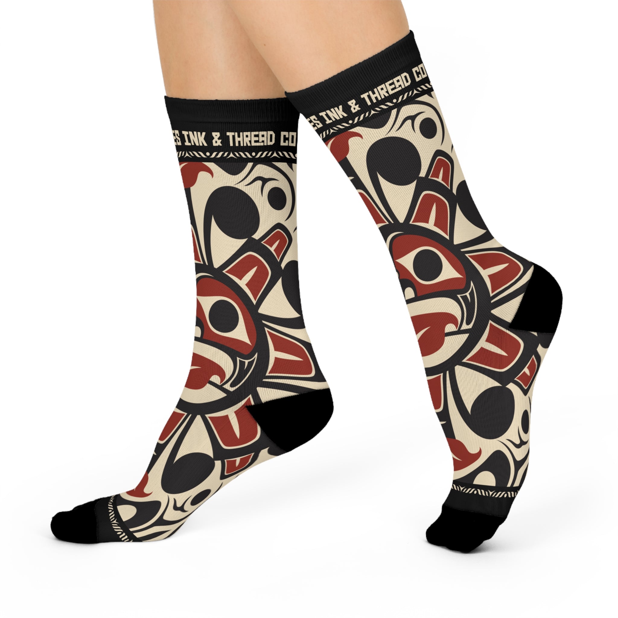 Crew Socks - Cushion Bottom - Classic Tribal Sun Print (Black/Red) - Northern Spiritlines™