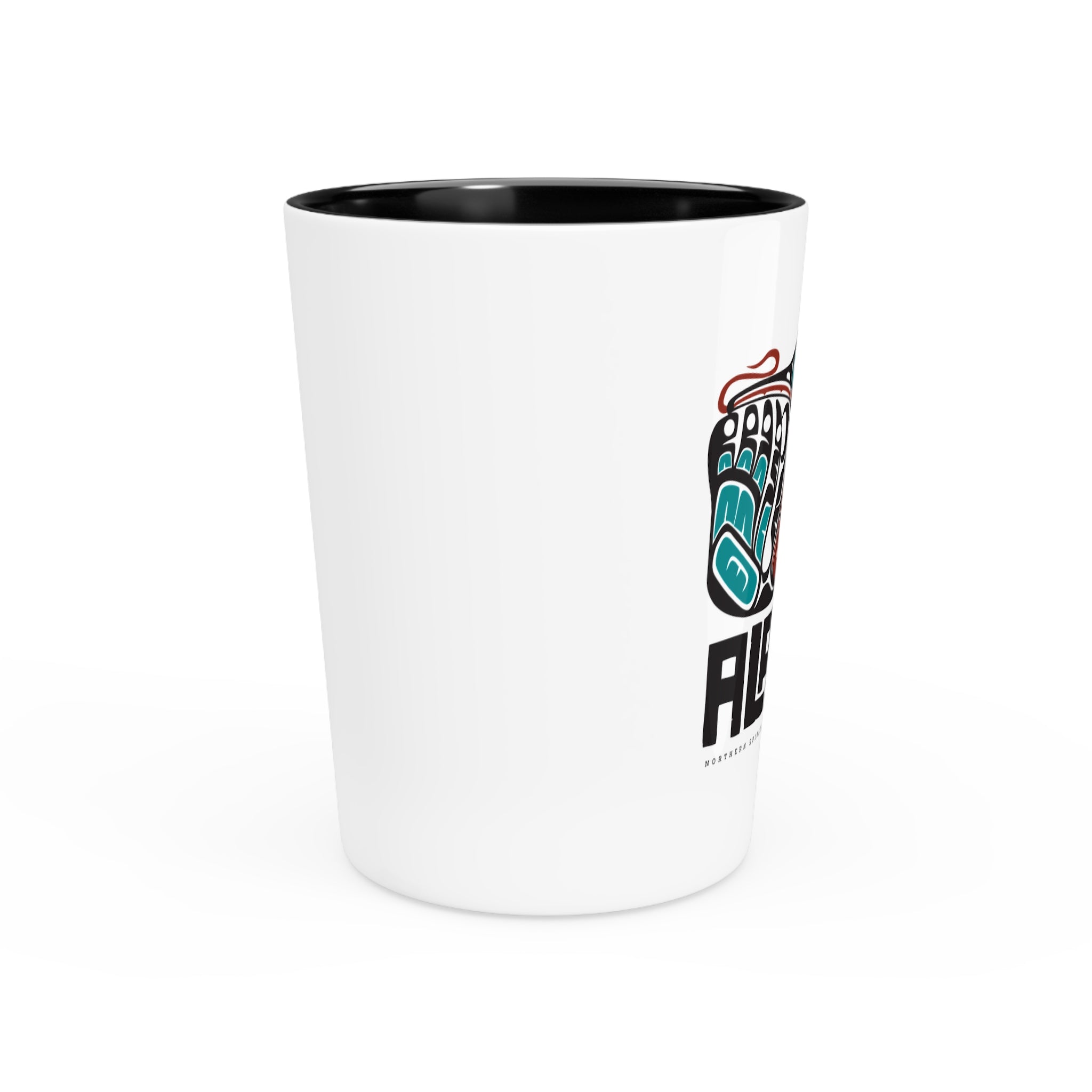 Ceramic Shot Glass - White/Black Interior - Rustic Alaska Tribal Hummingbird - AK State Line™ Collection