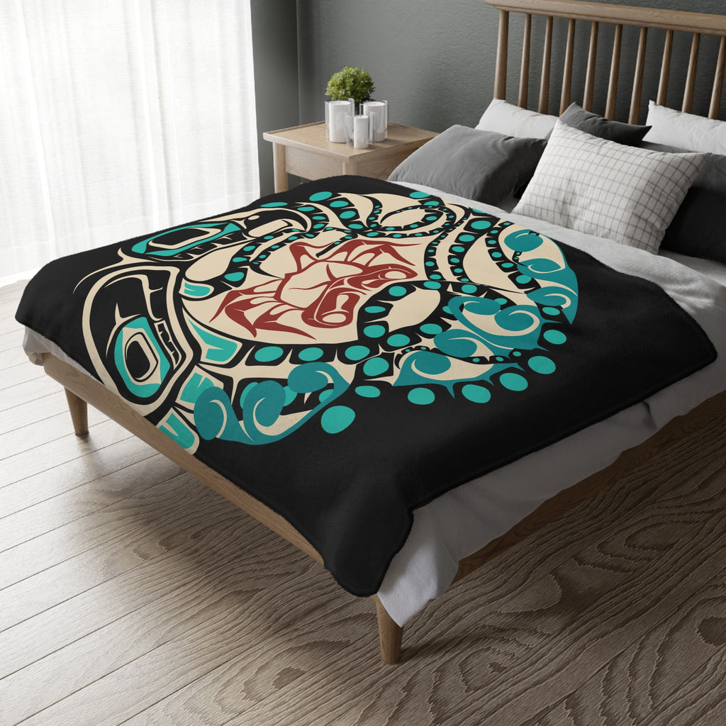 Reversible Coral Fleece Blanket | Classic Tribal Octopus | Northern Spiritlines™ Signature