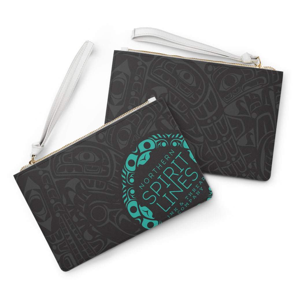 Zipper Wristlet Clutch Bag - Classic Tribal Smoky Print with Teal Logo - Northern Spiritlines™
