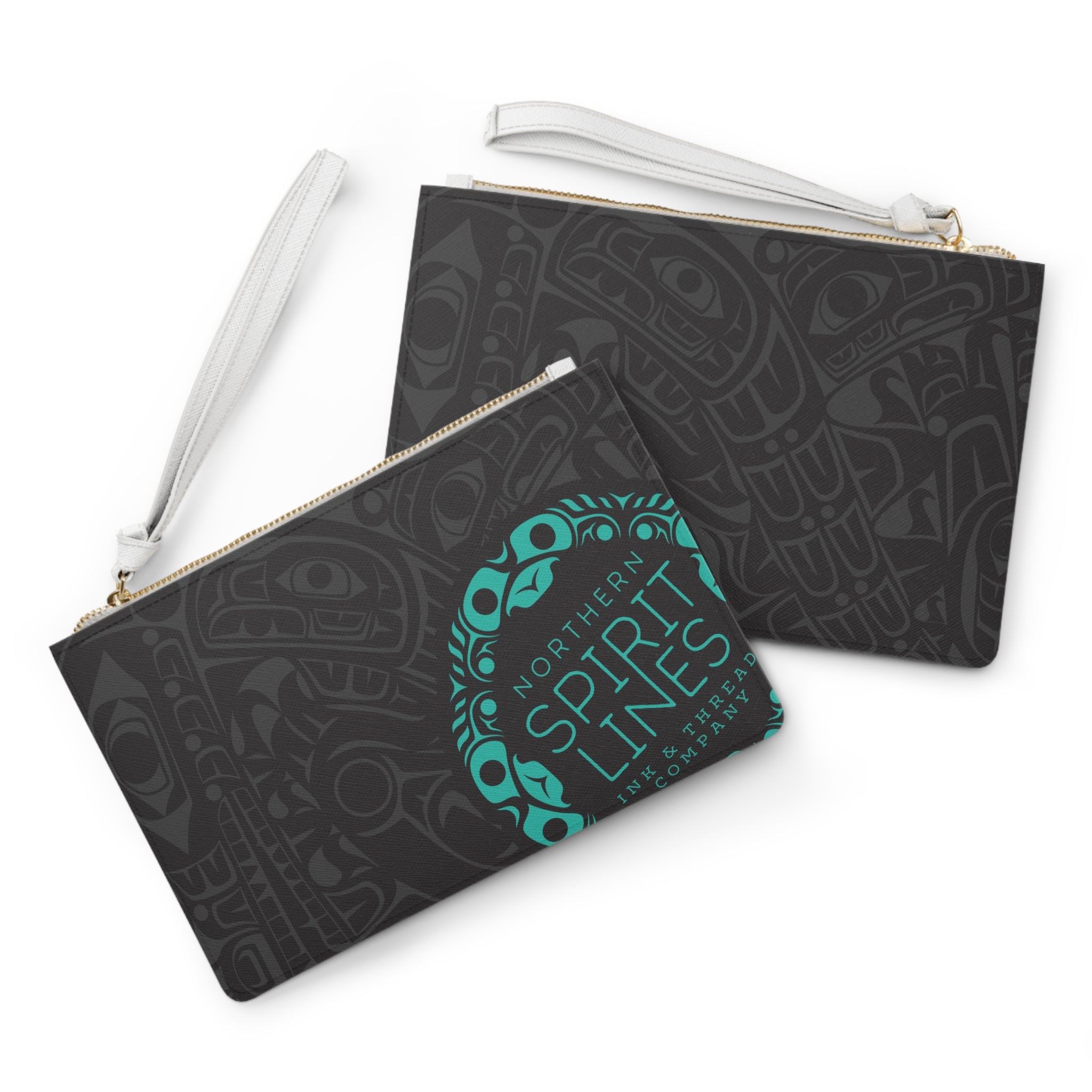 Zipper Wristlet Clutch Bag - Classic Tribal Smoky Print with Teal Logo - Northern Spiritlines™