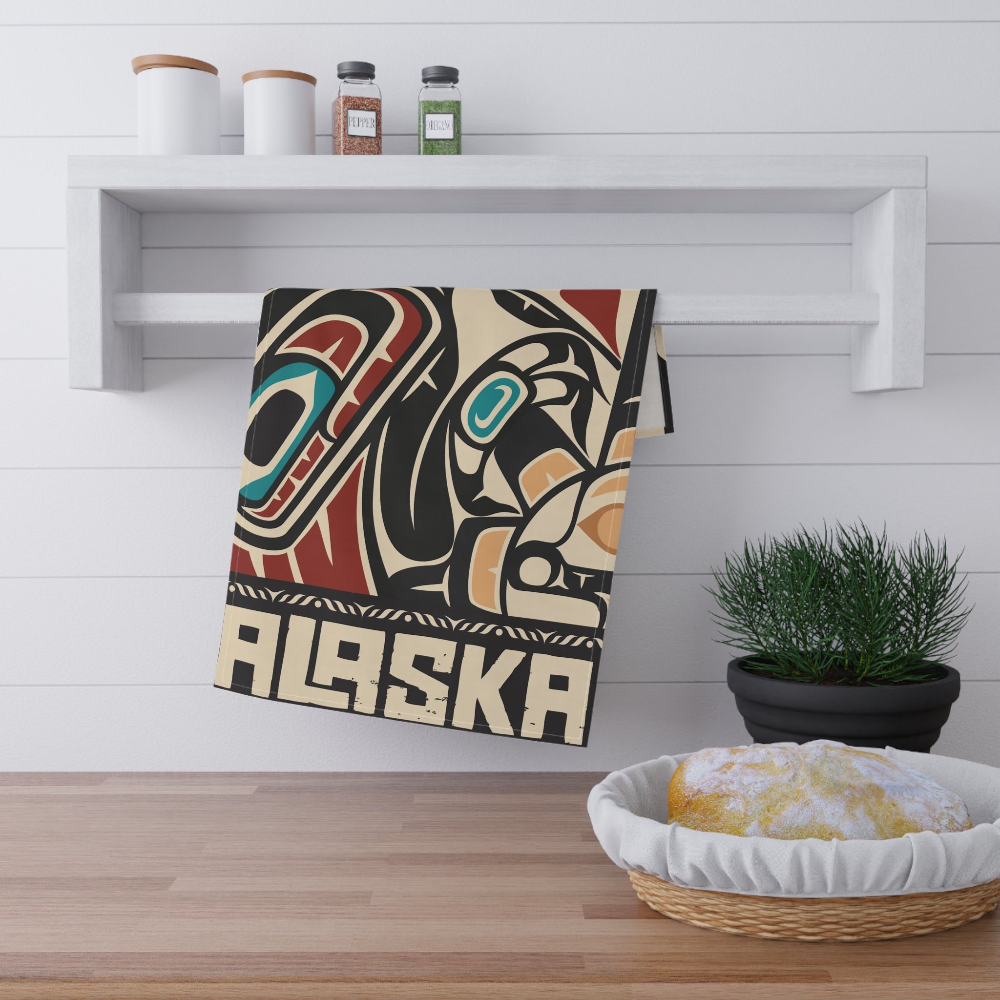 Cotton Twill Tea Towel - Alaska Tribal Raven - AK State Line™ Collection