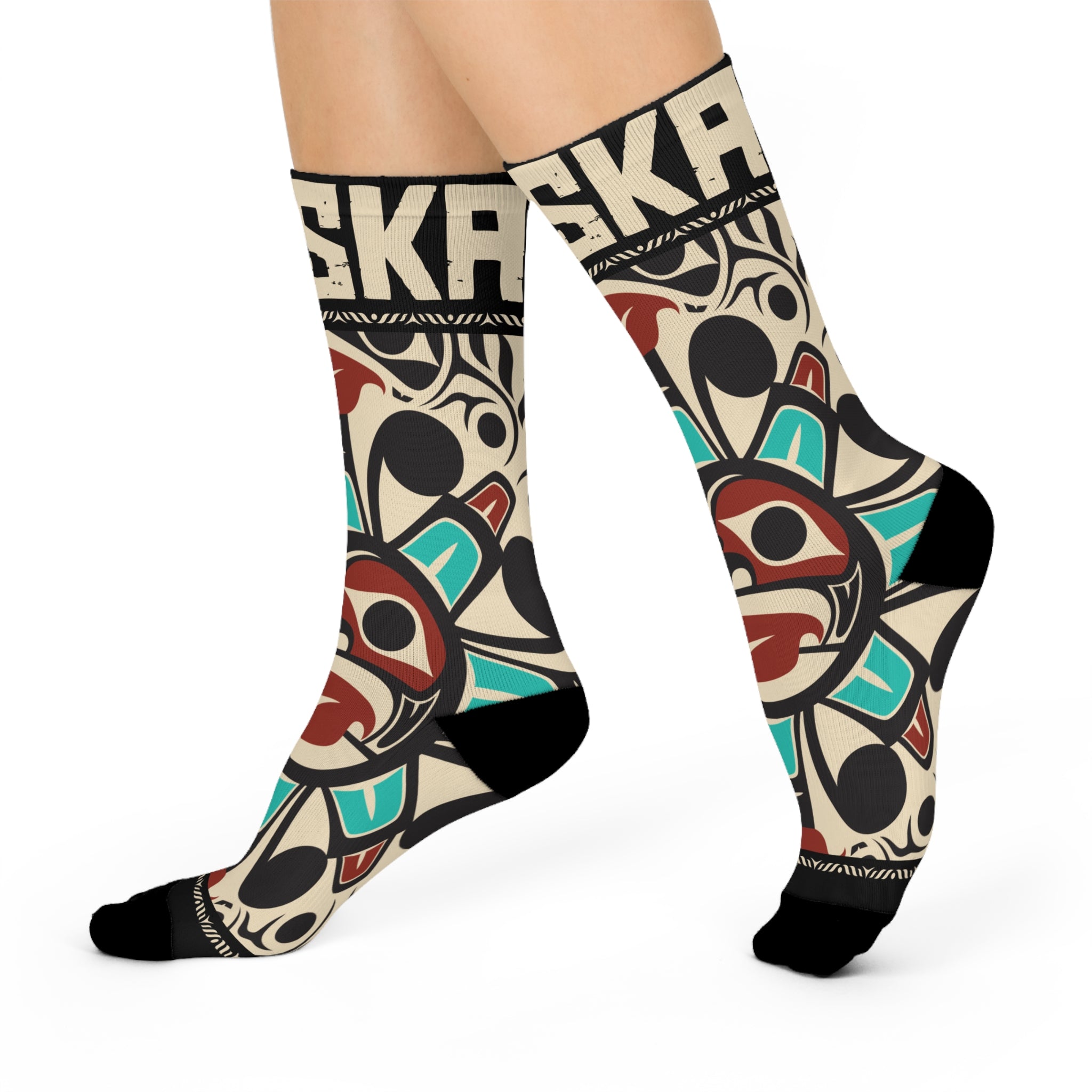 Crew Socks - Cushion Bottom - Rustic Alaska Tribal Sun (Teal/Red) - AK State Line™