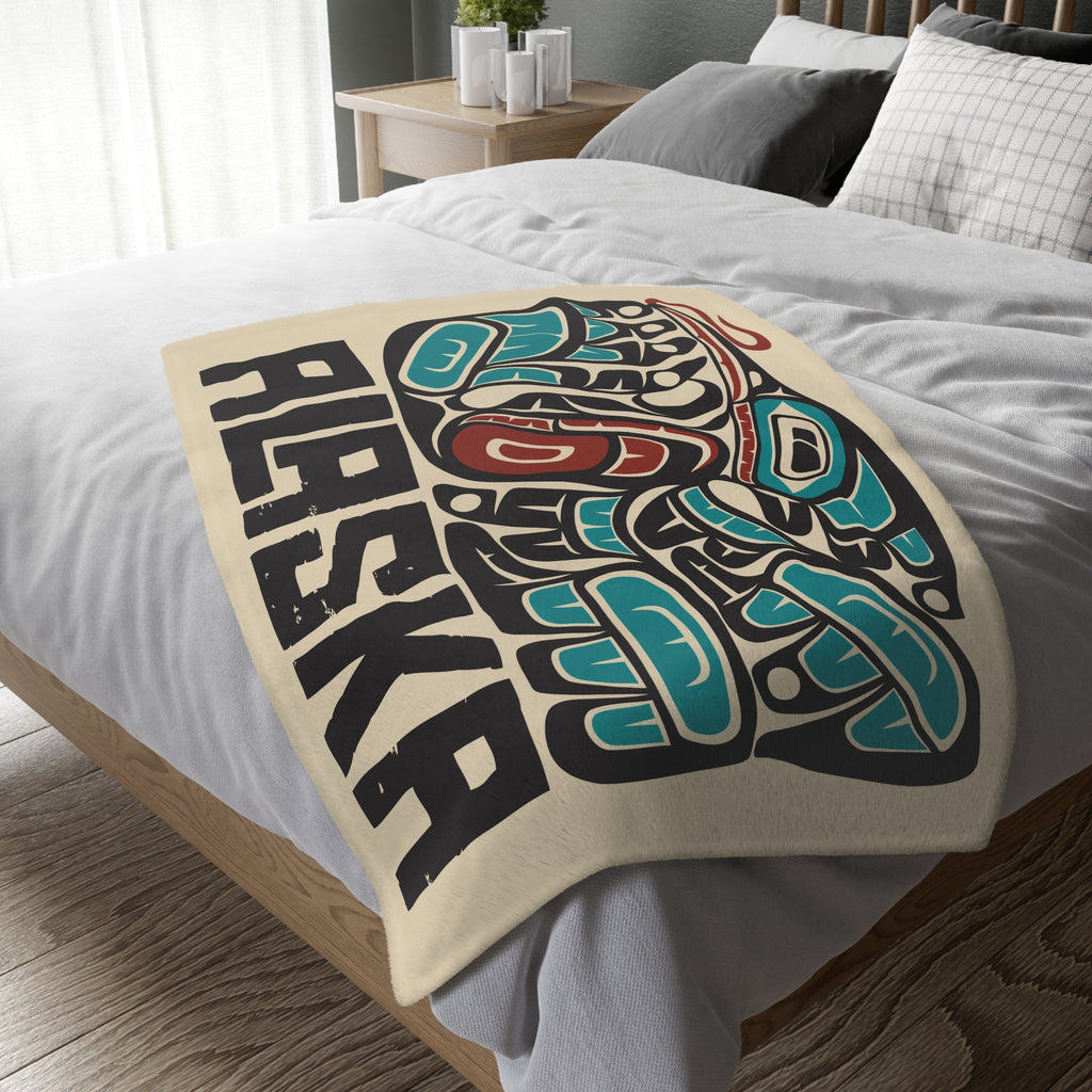 Reversible Plush Blanket - Rustic Alaska Tribal Hummingbird