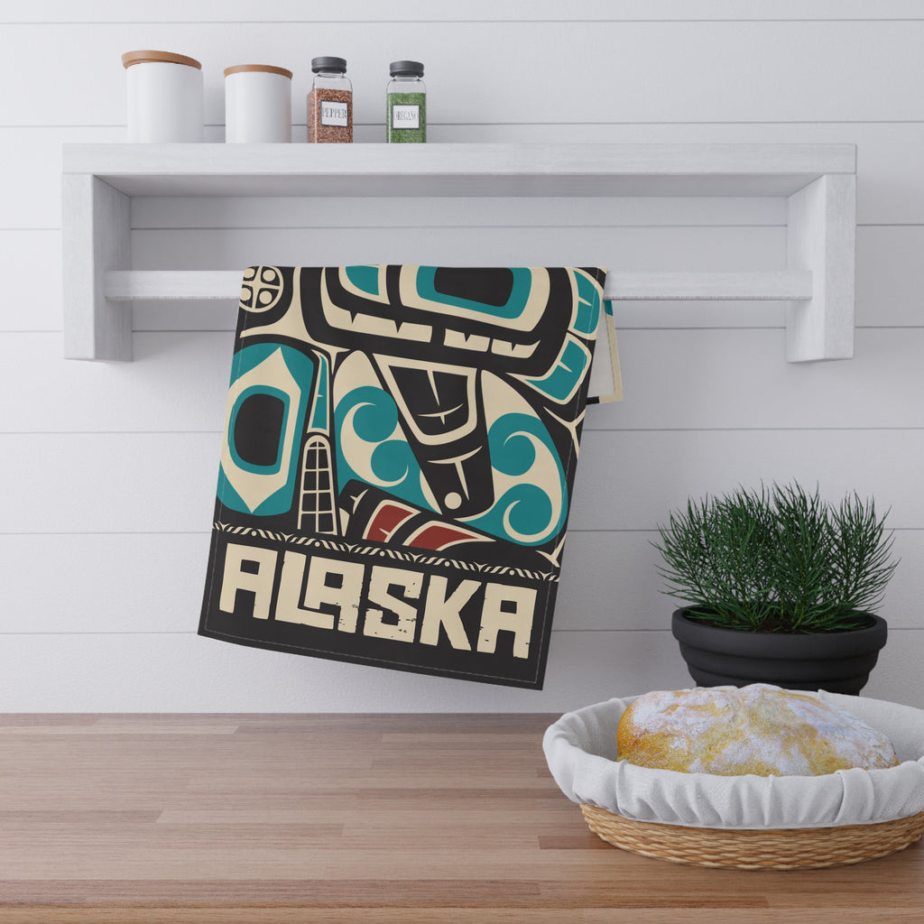 Cotton Twill Tea Towel - Rustic Alaska Tribal Orca - AK State Line™ Collection