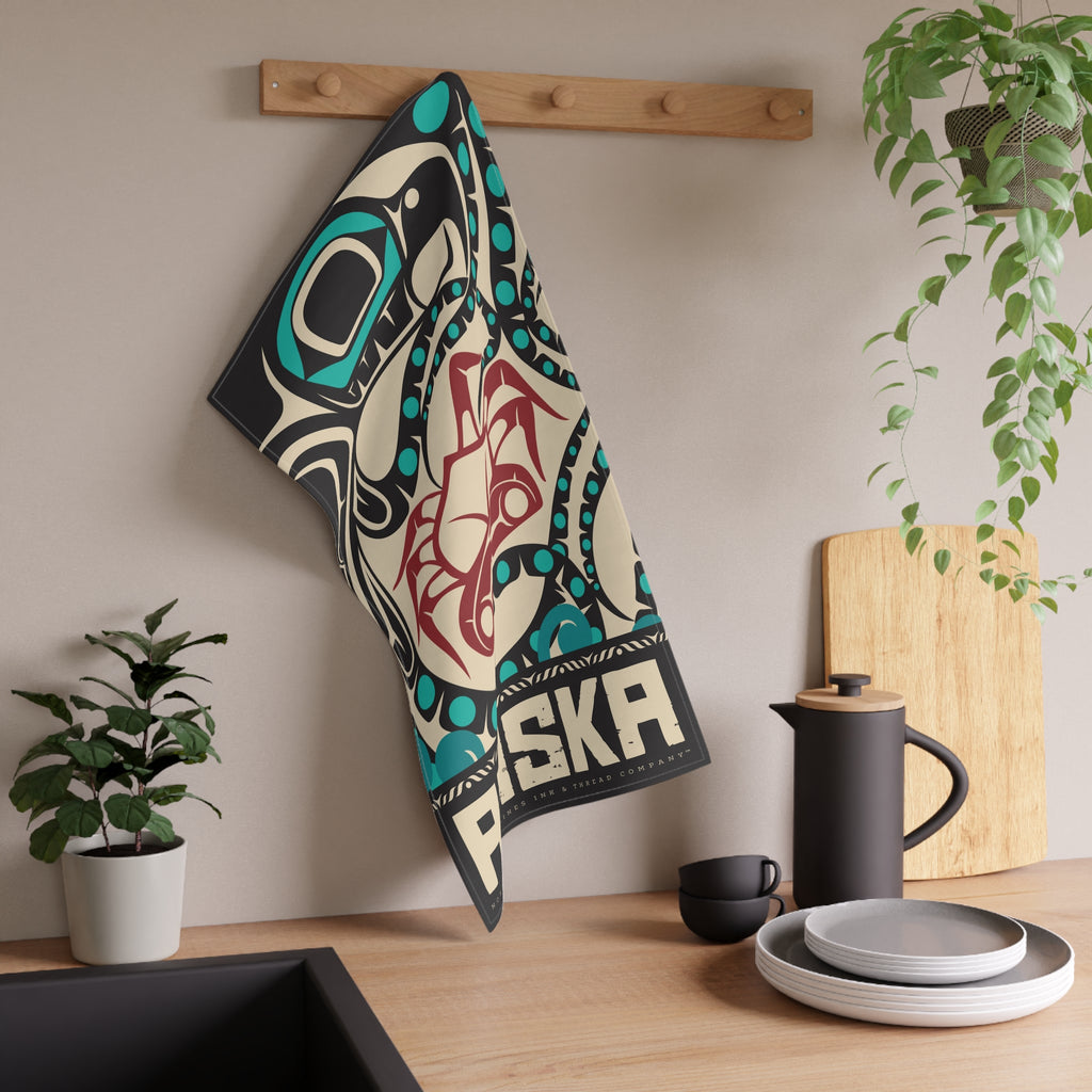 Cotton Twill Tea Towel - Rustic Alaska Tribal Octopus - AK State Line™ Collection