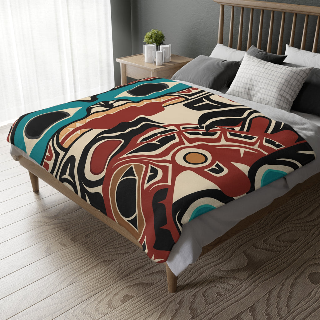 Reversible Coral Fleece Blanket | Classic Tribal Bear & Salmon | Northern Spiritlines™ Signature
