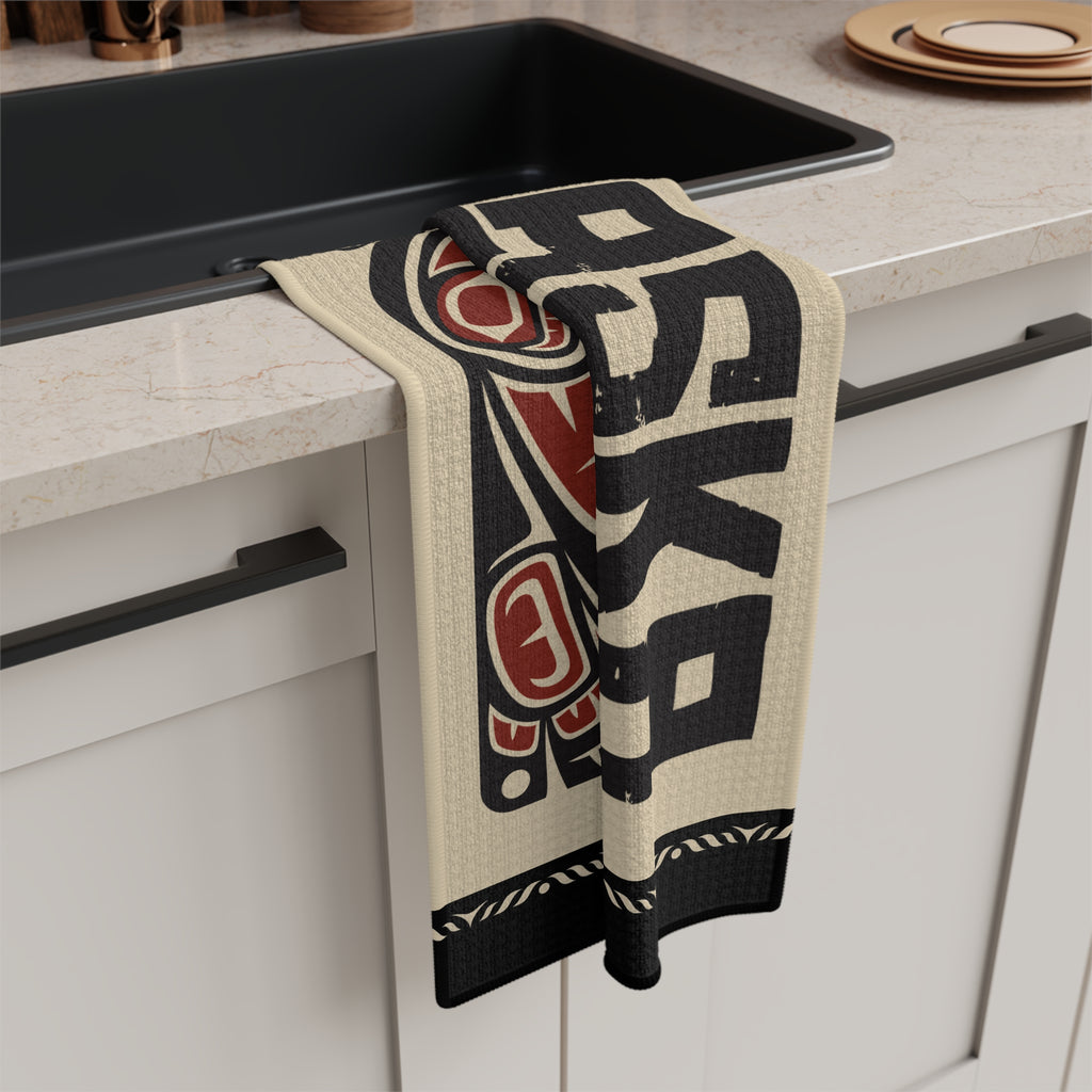 Microfiber Tea Towel - Rustic Alaska Tribal Raven - AK State Line™ Collection