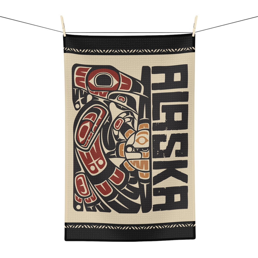 Microfiber Tea Towel - Rustic Alaska Tribal Raven - AK State Line™ Collection