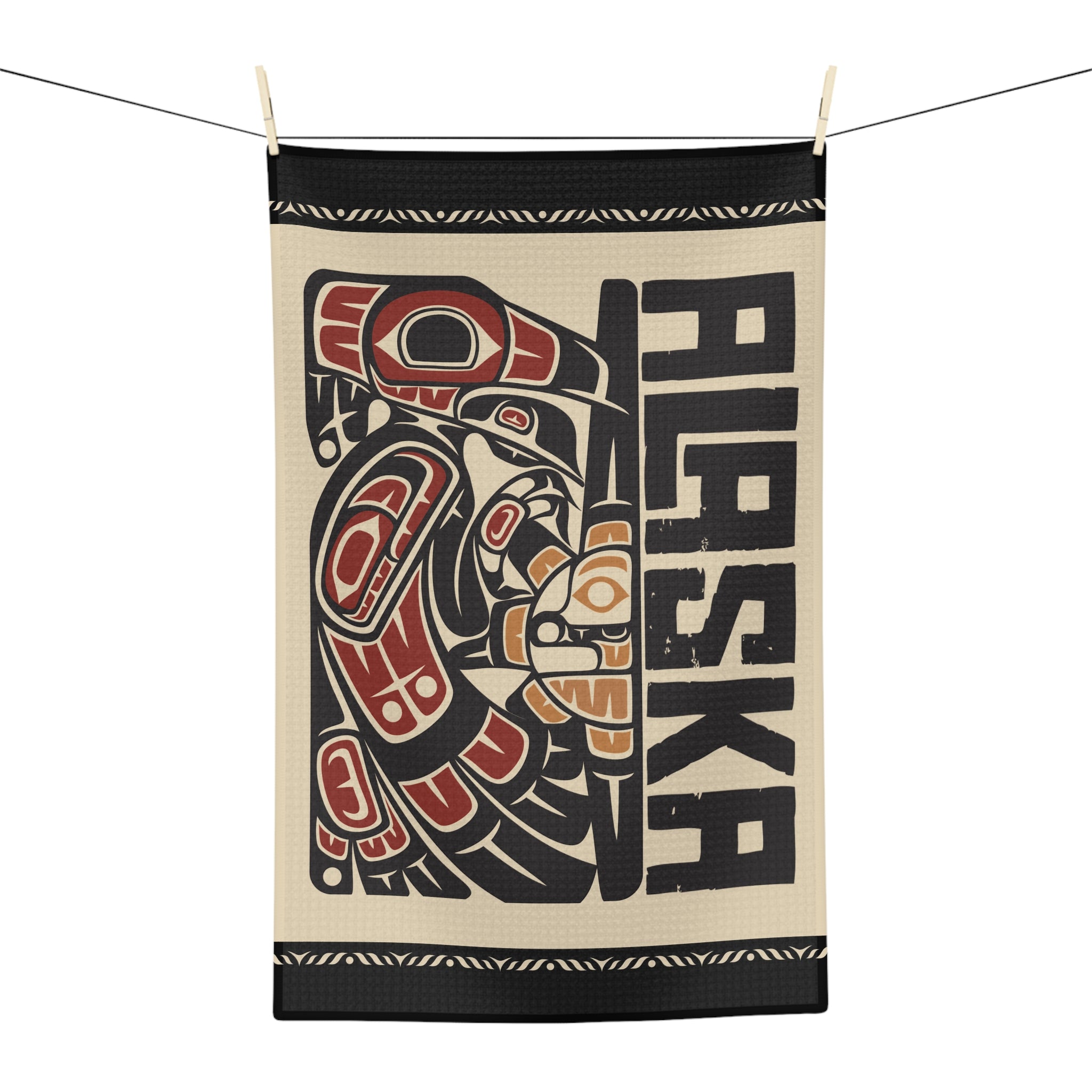 Microfiber Tea Towel - Rustic Alaska Tribal Raven - AK State Line™ Collection