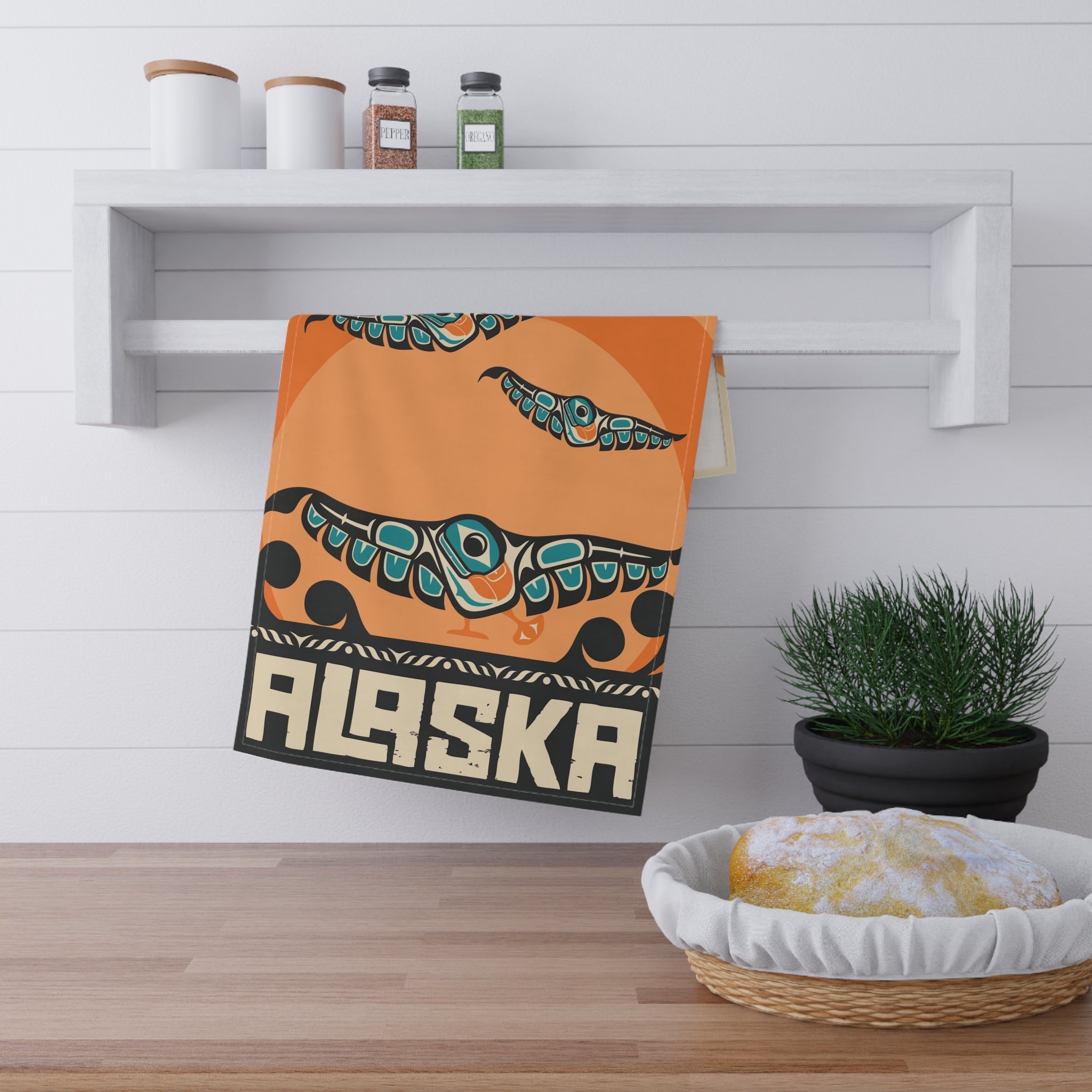 Cotton Twill Tea Towel - Alaska Tribal Puffins - AK State Line™ Collection