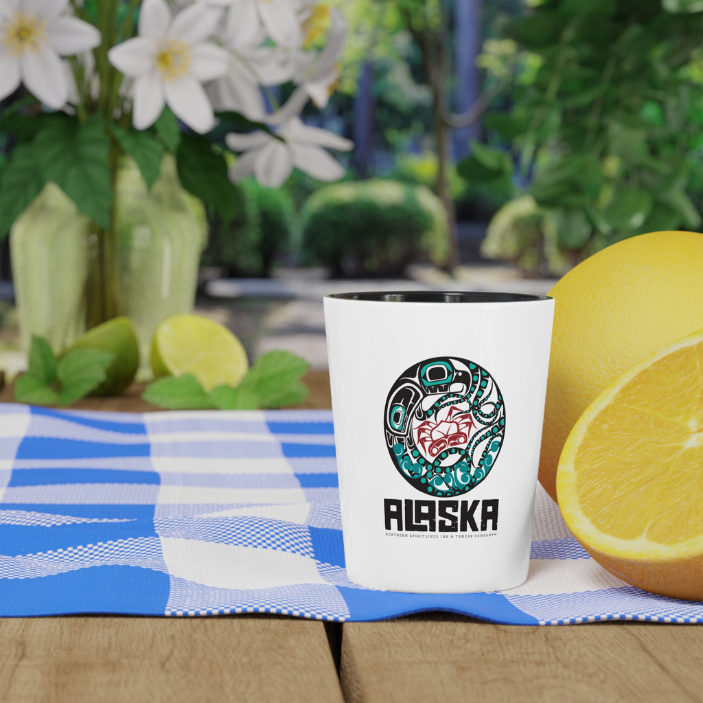 Ceramic Shot Glass - White/Black Interior - Rustic Alaska Tribal Octopus - AK State Line™ Collection