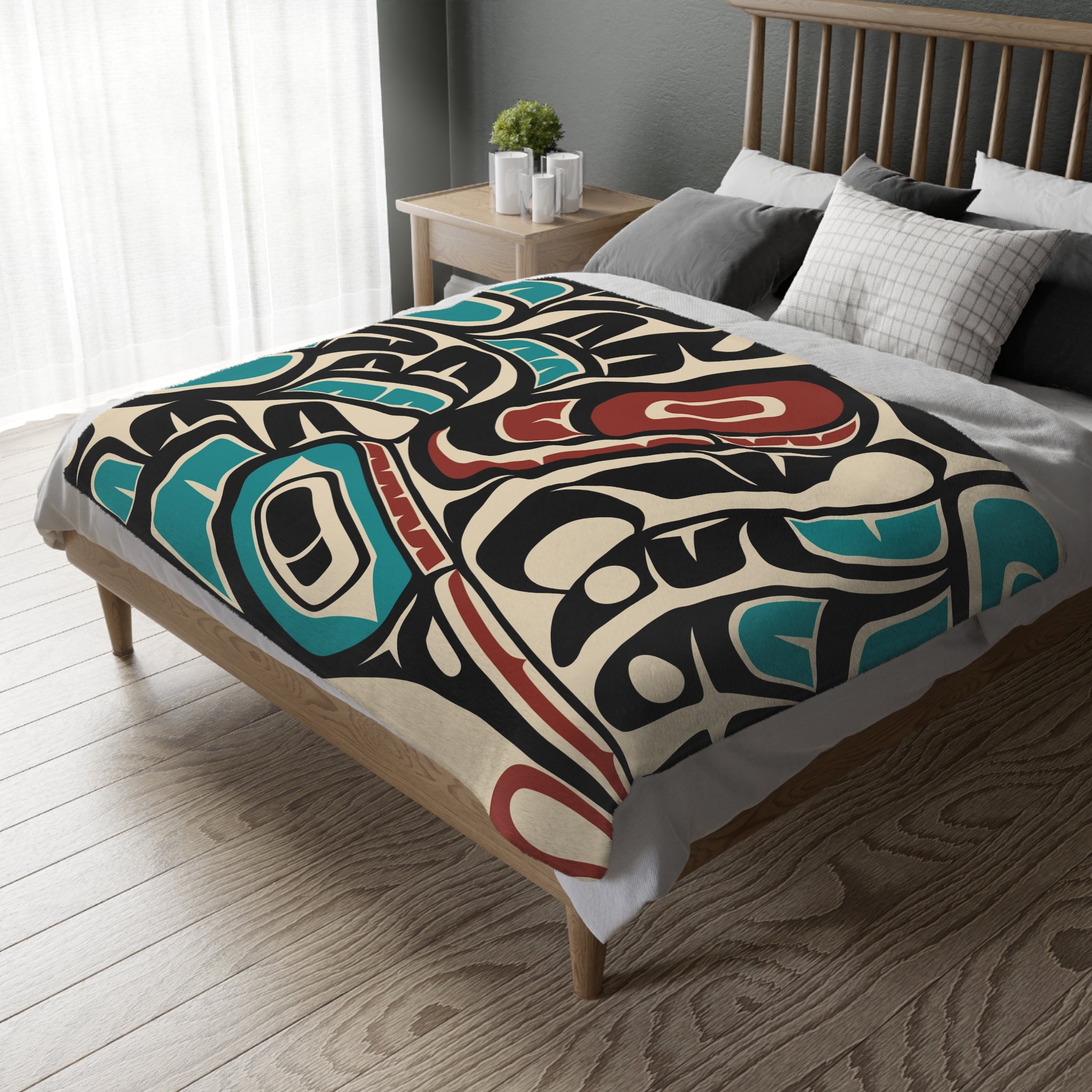 Reversible Coral Fleece Blanket | Classic Tribal Hummingbird | Northern Spiritlines™ Signature