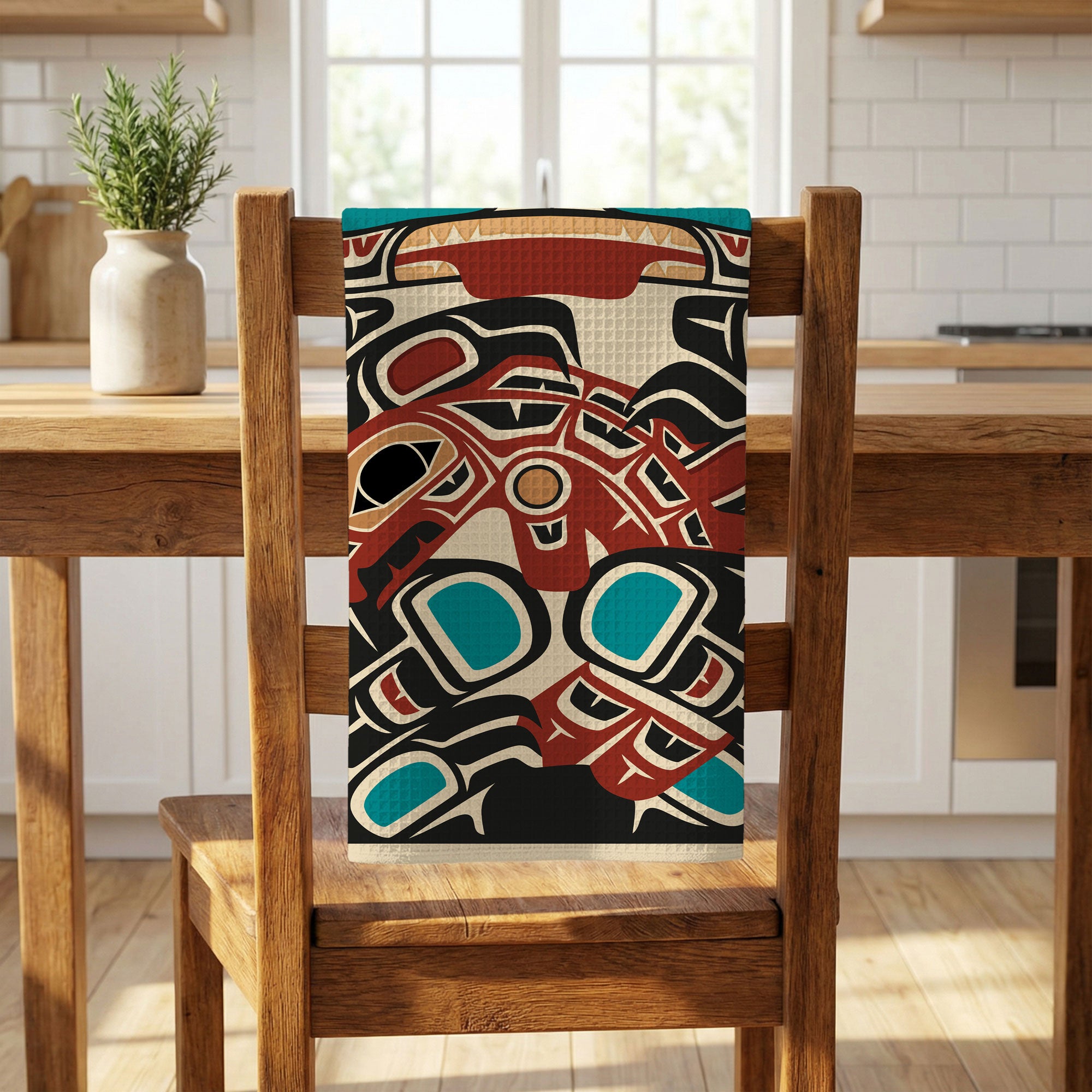 Tea Towel | 18x30" Waffle Weave | Tribal Bear & Salmon | Signature Collection