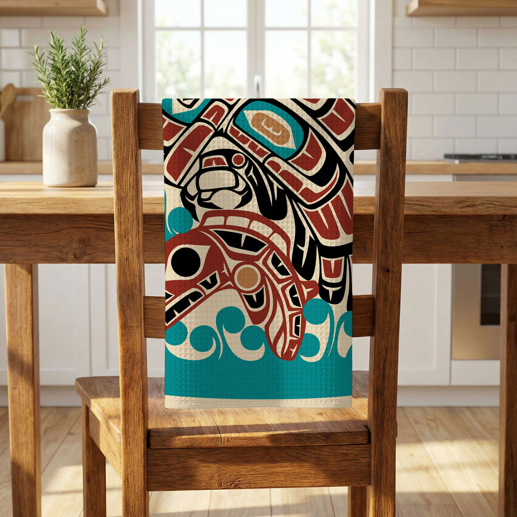 Tea Towel | 18x30" Waffle Weave | Tribal Eagle & Salmon | Signature Collection