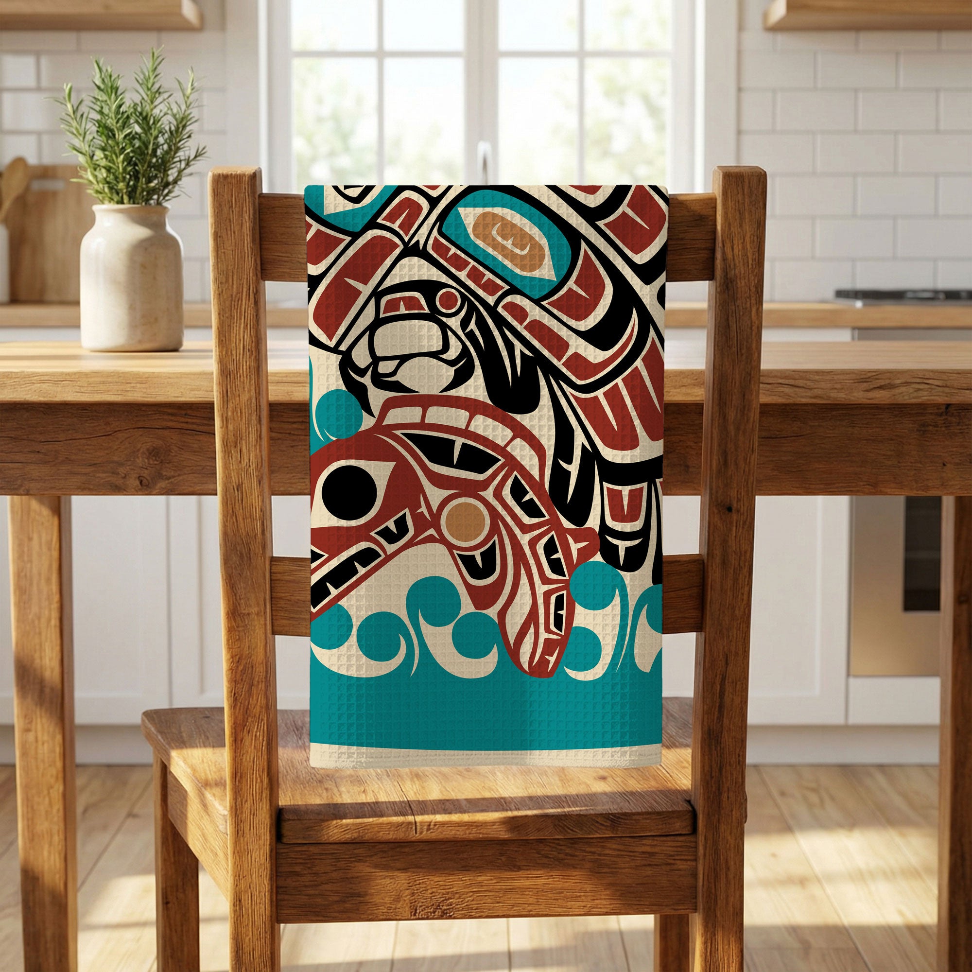 Tea Towel | 18x30" Waffle Weave | Tribal Eagle & Salmon | Signature Collection