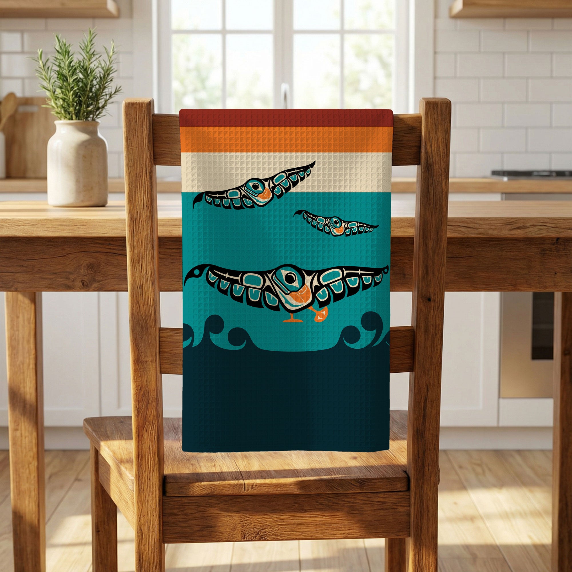 Tea Towel | 18x30" Waffle Weave | Tribal Puffins | Signature Collection