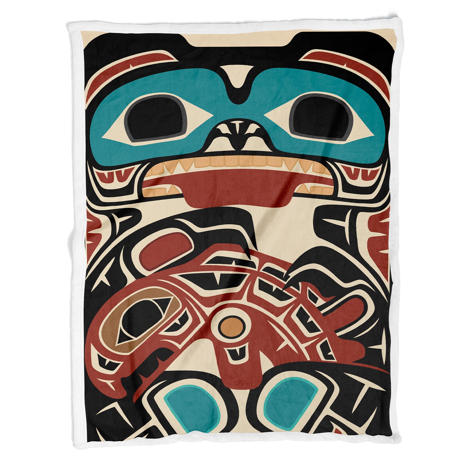 Sherpa Lined Coral Fleece Blanket | Tribal Bear & Salmon | Northern Spiritlines™ Signature