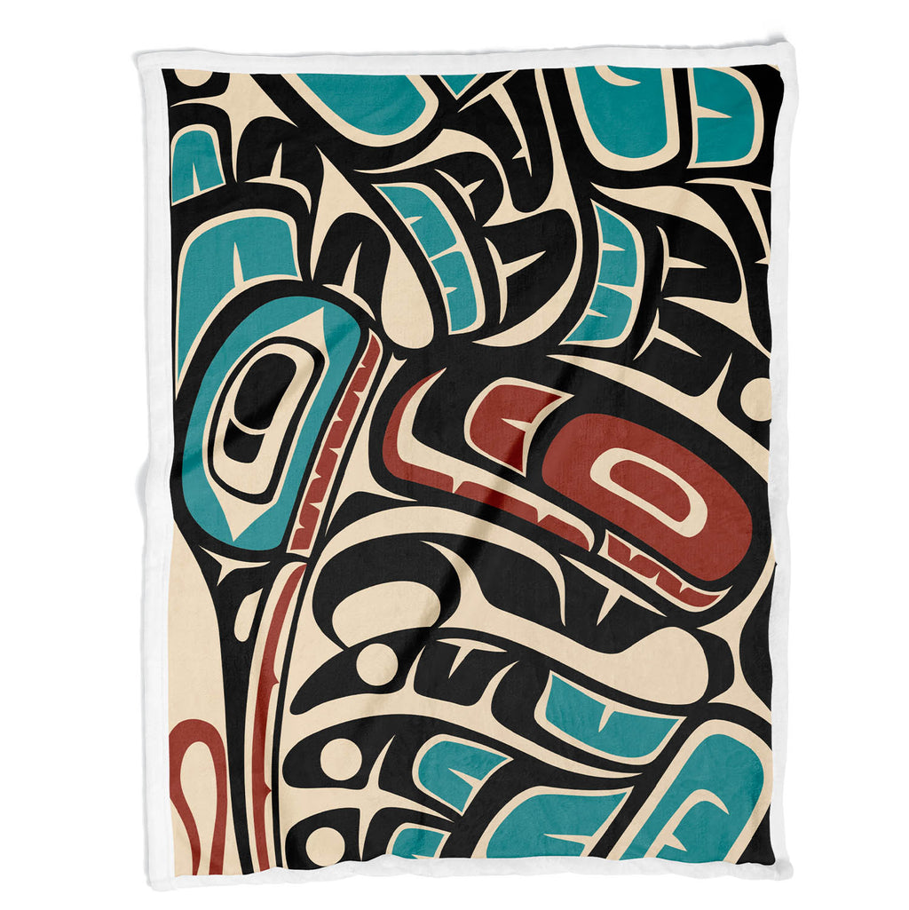 Sherpa Lined Coral Fleece Blanket | Classic Tribal Hummingbird | Northern Spiritlines™ Signature