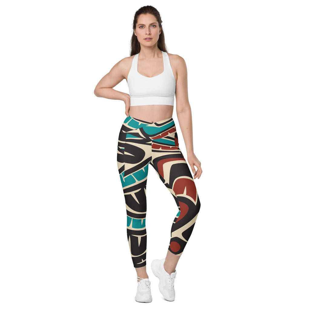 *Crossover Leggings with Pockets - Classic Tribal Hummingbird Print - Northern Spiritlines™
