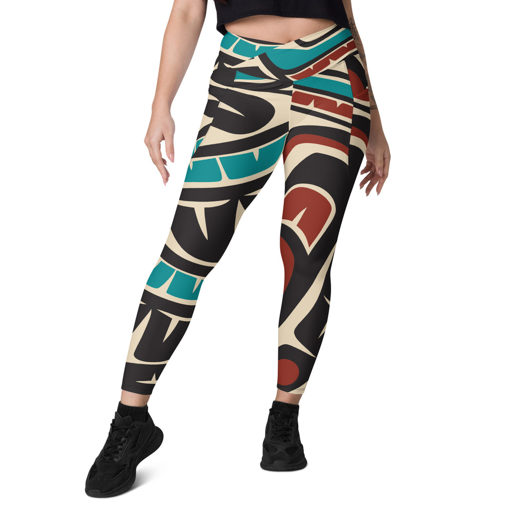 *Crossover Leggings with Pockets - Classic Tribal Hummingbird Print - Northern Spiritlines™